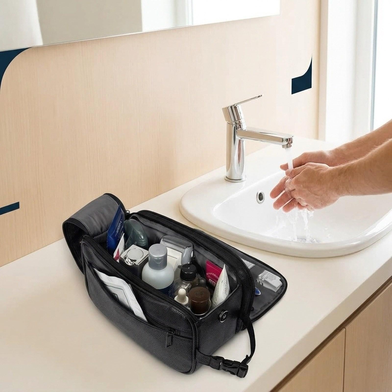 Borsa Da Toilette Uomo Organizer Porta Trucco Impermeabile Pelle Pu con Manico Robusto Design Moderno per Articoli Personale Adatta a, Nero