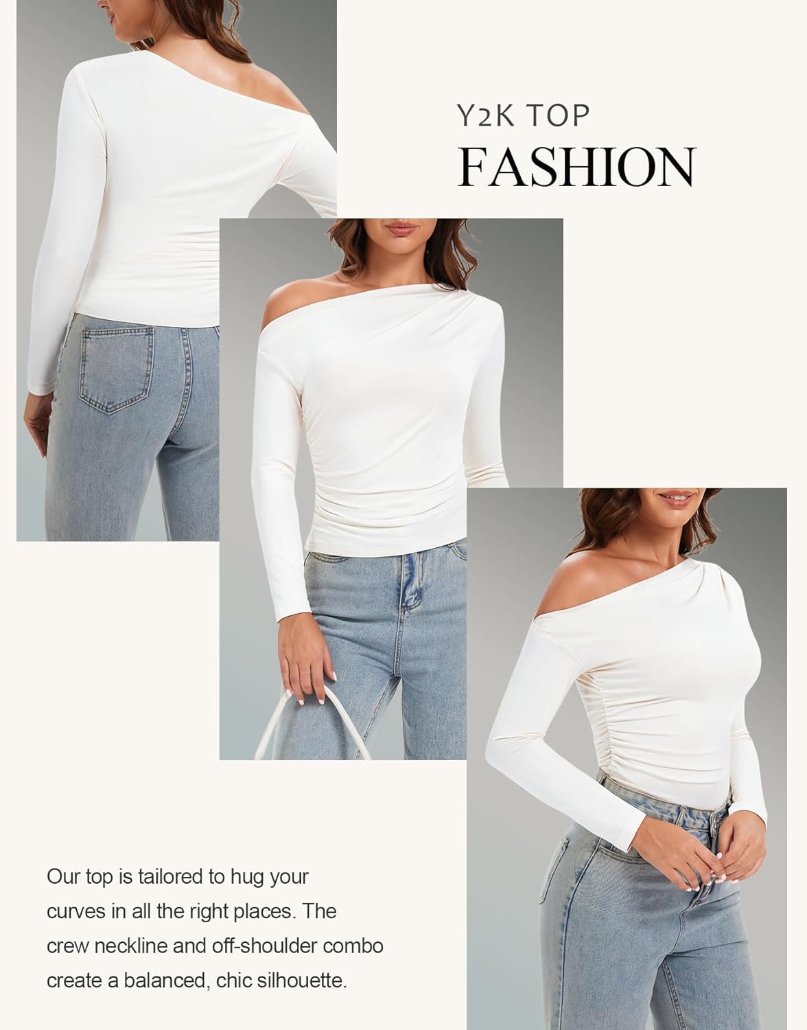 Jenbou Women's Off The Shoulder Tops Long Sleeve Boat Neck Y2K Slim Fit Going Out Crop Top - Image 2
