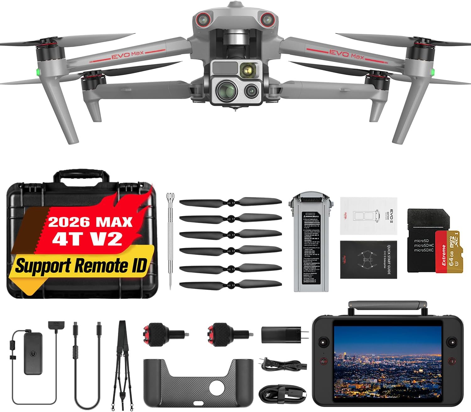 Autel Robotics EVO MAX 4T V2, Visiable/ Zoom/ Thermal/ L-aser 4 Cameras in One, 48MP&1/2" CMOS 8K Camera, 1-160x Super Zoom, 640×512 Thermal Resolution, 16.4–3737 ft L-aser Range, ABX41-D Intelligent Battery In-place Detection, A-Mesh 1.0, 720° No Blind Spot, 42 Min, SkyLink 3.0 for 20KM Transmission