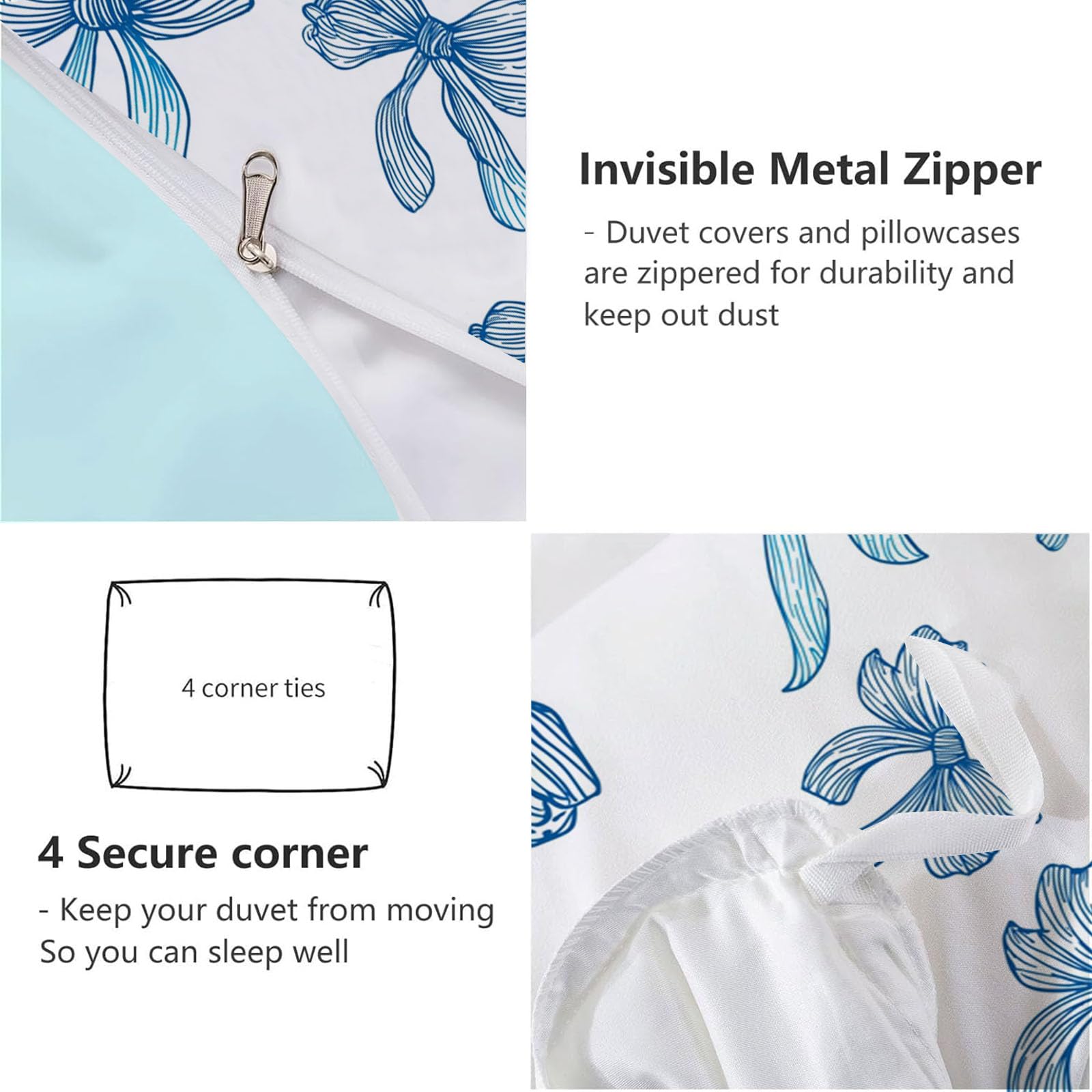 Completo Copripiumino 240X220Cmmatrimoniale, Set 3 Pezzi Con 2 Federe, Stampa Grazioso Fiocco Di Nastro, Microfibra Morbida Traspirante, Chiusura Con Cerniera, Linee Tracciate A Mano, Blu Bianco