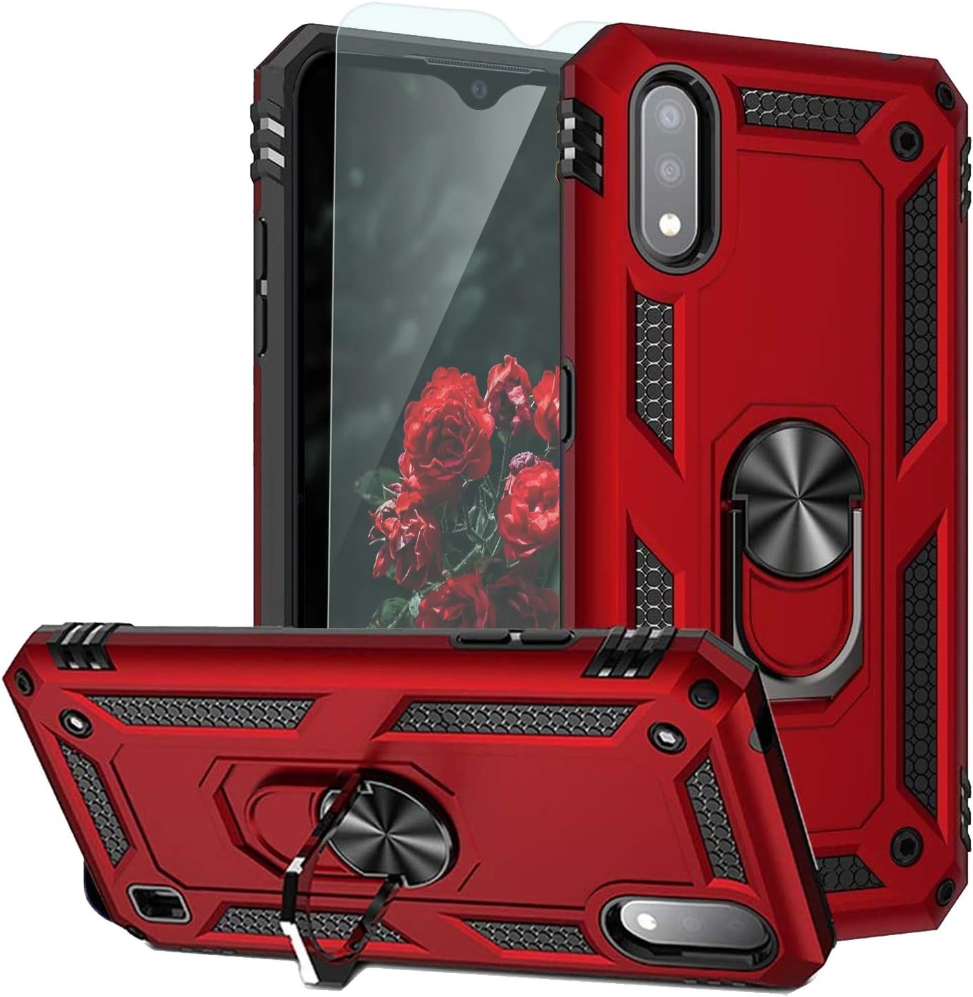 TJS Compatible with Samsung Galaxy A01 Case, with Tempered Glass Screen Protector, Defender Metal Ring Magnetic Support Kickstand Heavy Duty Drop Protector Cover Phone Case (Red)
