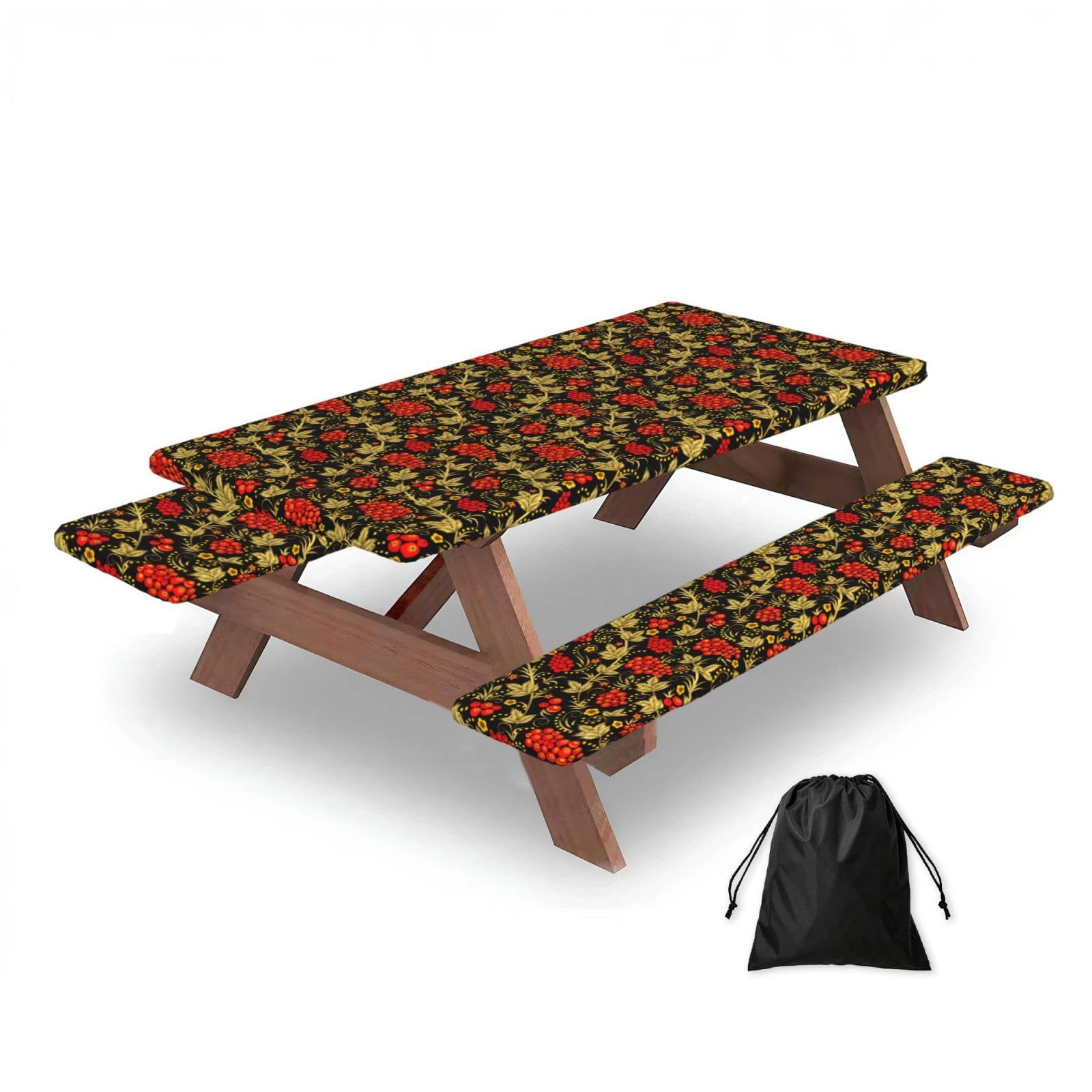 Traditional Russian Khokhloma, Picnic Table Cover With Bench Covers -Waterproof Elastic Fitted Tablecloth for Garden Camping Patio 76x152cm