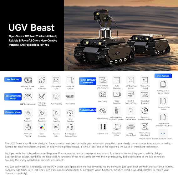 Waveshare Open-Source Off-Road Tracked AI Robot, Compatible with Raspberry Pi 5, Dual Controllers, Computer Vision,  with Pan-Tilt Module, PI5-4GB Included