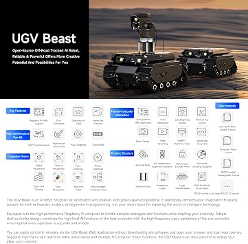 Waveshare Open-Source Off-Road Tracked AI Robot, Compatible with Raspberry Pi 5, Dual Controllers, Computer Vision, with Pan-Tilt Module, PI5-4GB Included
