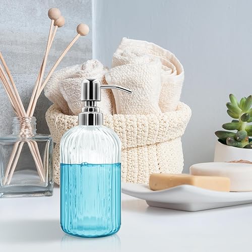 Miniatura 6 de Dispensador de jabón de vidrio de 18 onzas con bomba de acero inoxidable, botella de jabón líquido recargable de diseño moderno acanalado para baño,