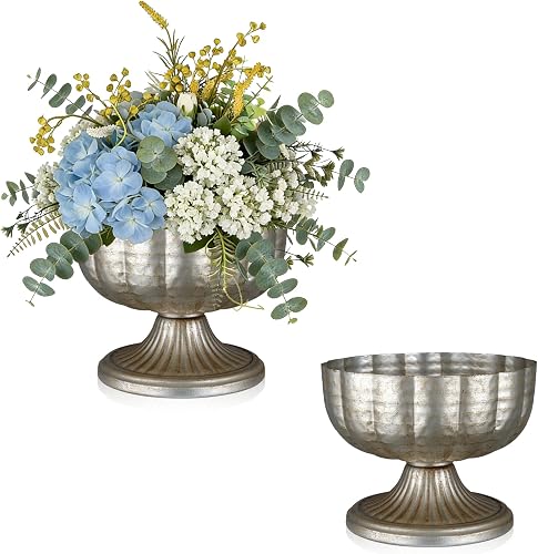 Retro Silver Vases for Centerpieces Set of 2 Silver Metal Vases for Flowers Decorative Pedestal Bowl for Table Centerpieces Floral Arrangments on Housewarming Wedding Party