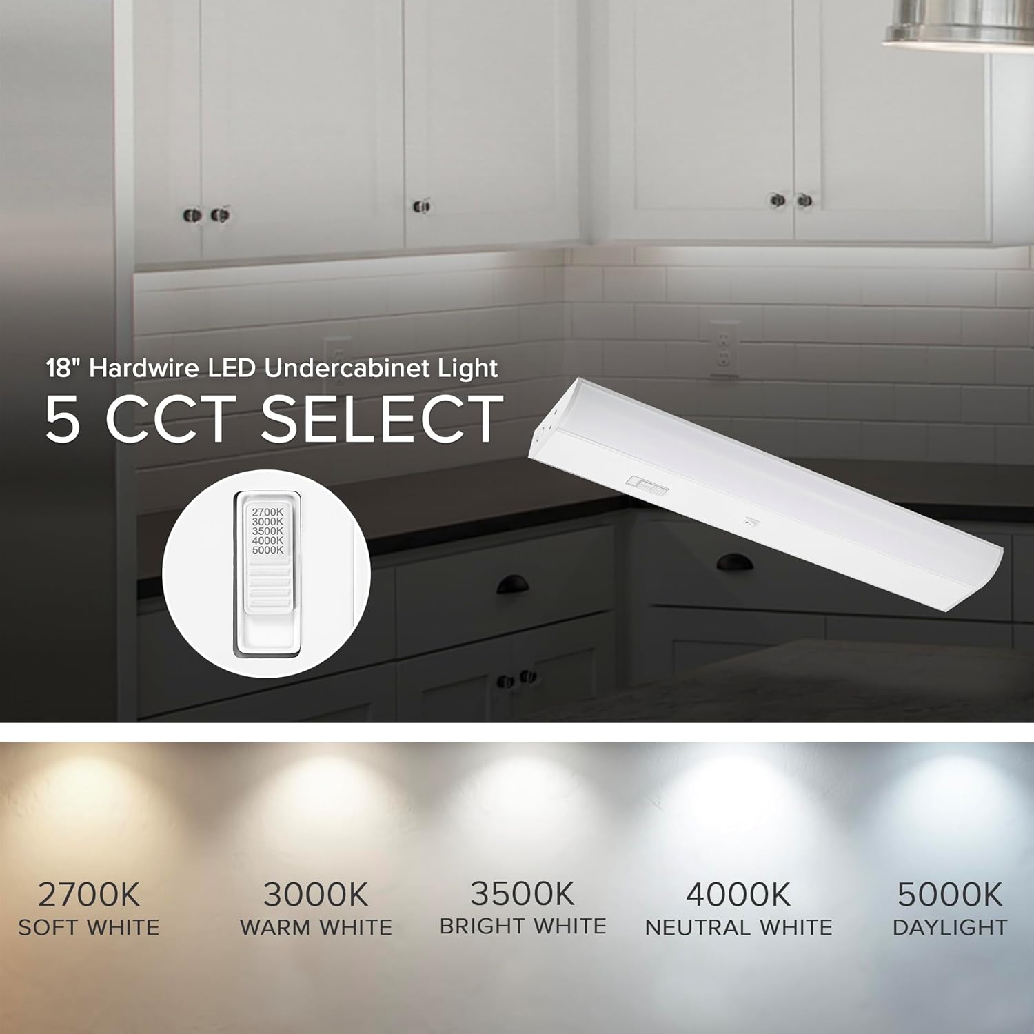 Maxxima 12 in. Hardwired LED Under Cabinet Light - 550 Lumens, 5 CCT, Color Temperature Slide Control, 2700K/3000K/3500K/4000K/5000K, Kitchen and Indoor Lighting Fixture, White, On/Off Switch, ETL