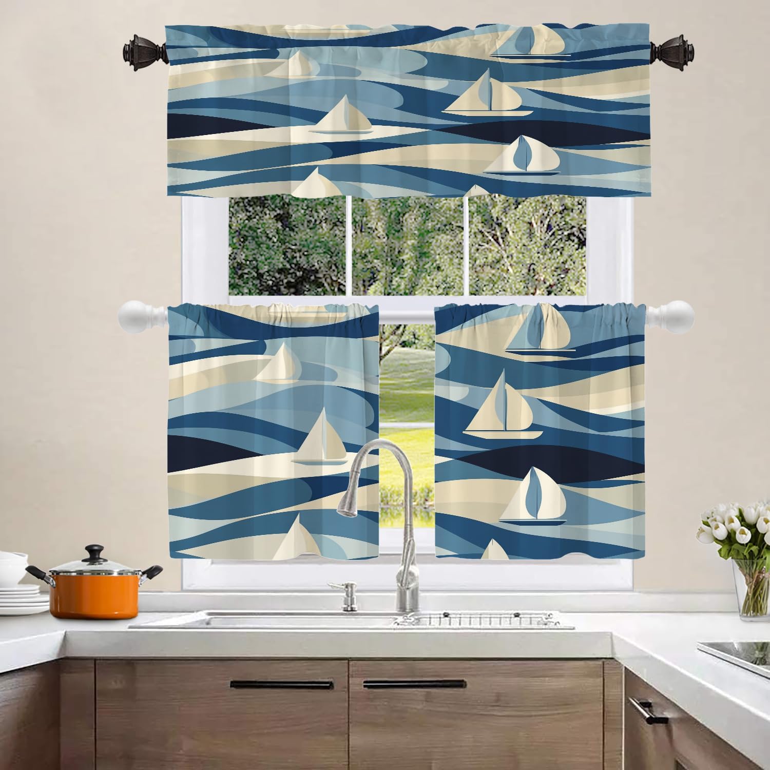 Shrahala Maritime Ocean Waves Blackout Short Curtains for Windows,Sailboat Nautical Kitchen Curtains Sets for Windows Thermal Insulated Bathroom Window Curtain 2 Pack 52 X 18 in