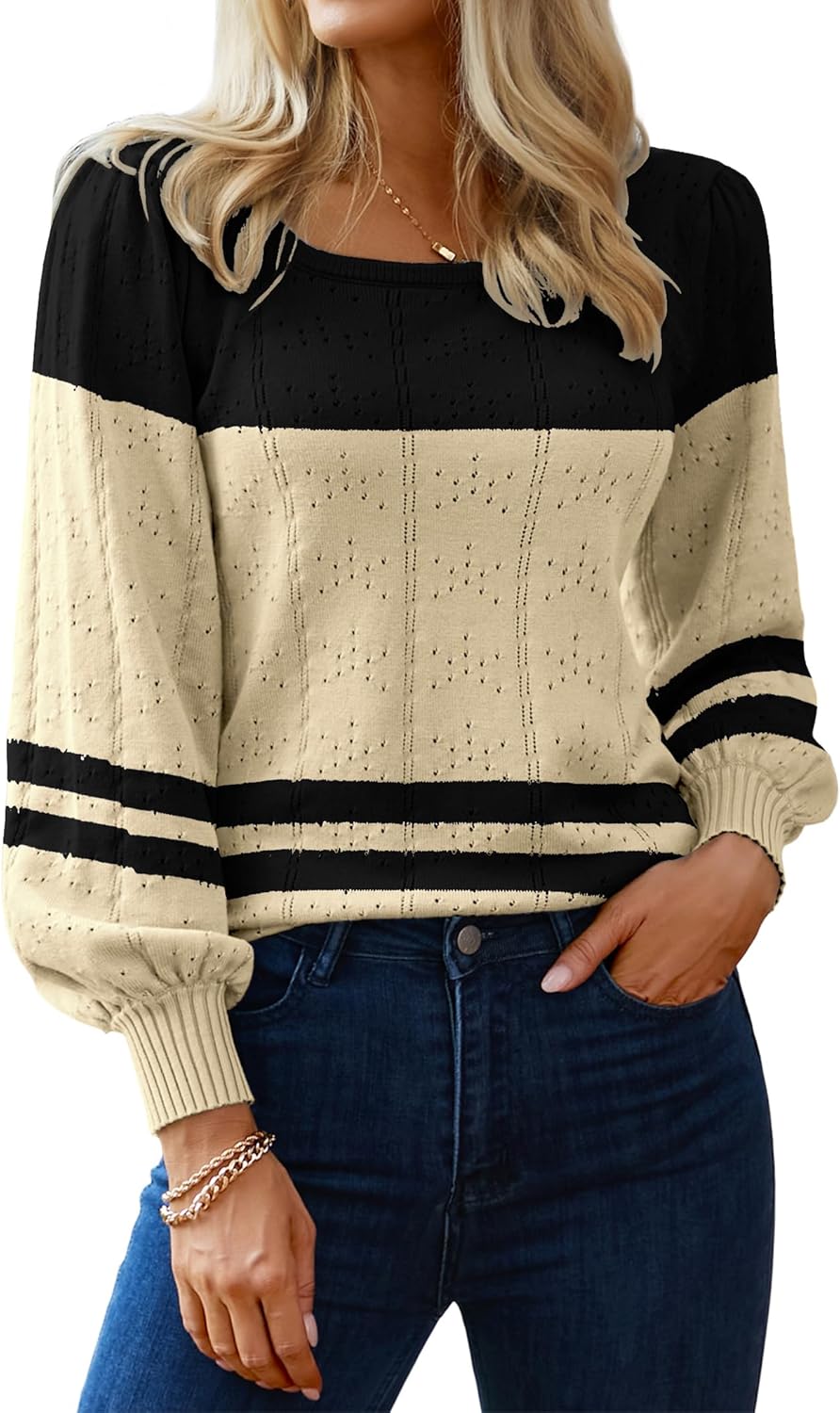 HOTOUCH Sweaters for Women 2026 Fall Trendy Tops Casual Puff Sleeve Square Neck Cute Tunic Pullover Blouses XS-XXL