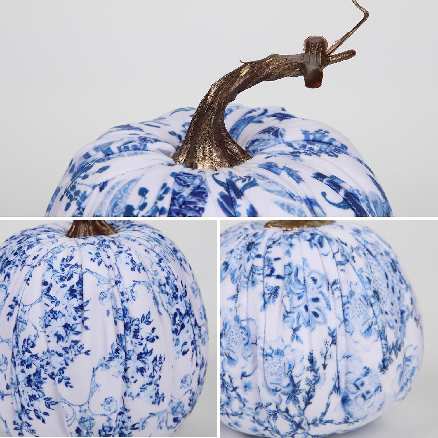 GnFlus Fake Pumpkin Decor 3 Pcs Faux Pumpkins Small Blue and White Velvet Pumpkins Mini Artificial Pumpkin Fall Decorations for Home Table Farmhouse Mantel Halloween Thanksgiving