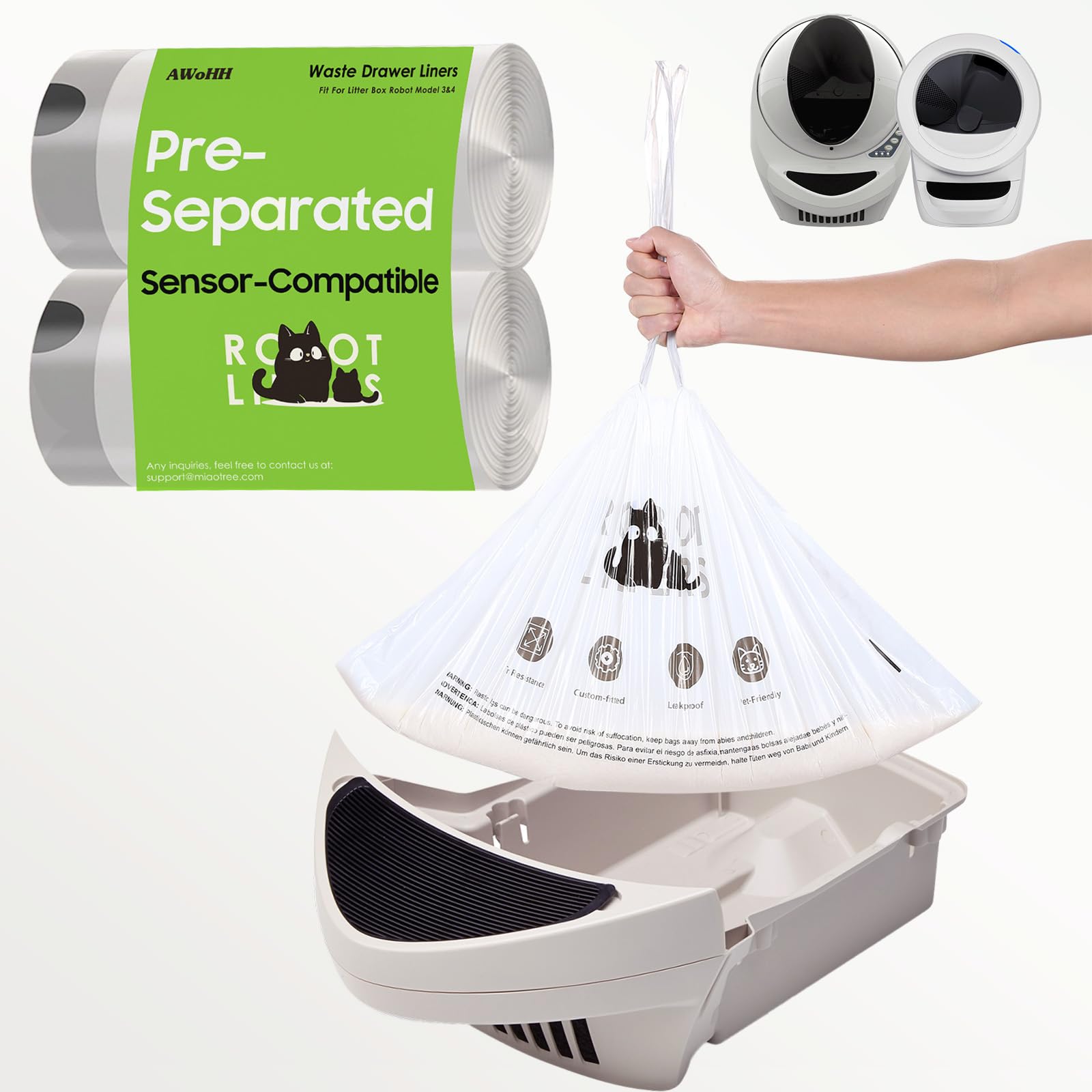 60 Pack Automatic Litter Box Bags Fit for Litter Box Robot 5/4/3, Heavy Duty Drawstring Waste Bags, Sensor-Compatible, Tear Resistant, White, 25.2" x 15.7"