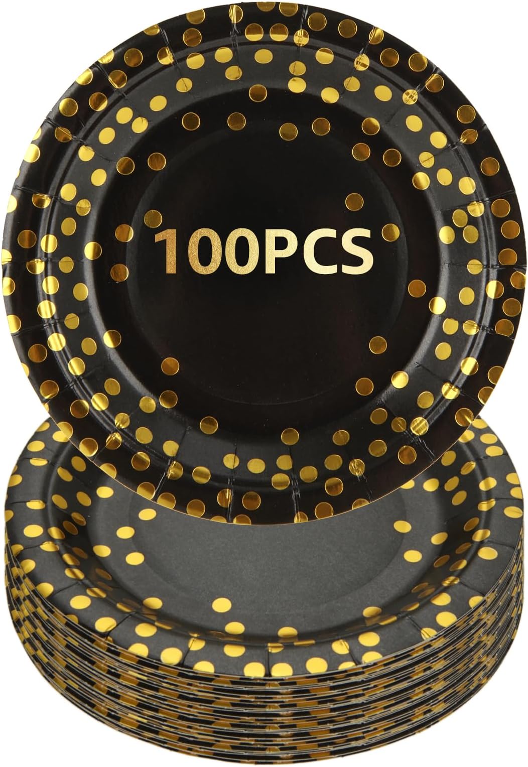 100 PCS Black & Gold Paper Plates, 7 Inch Round Party Plates with Gold Dots for Birthday, Anniversary, Picnic, Wedding Decorations