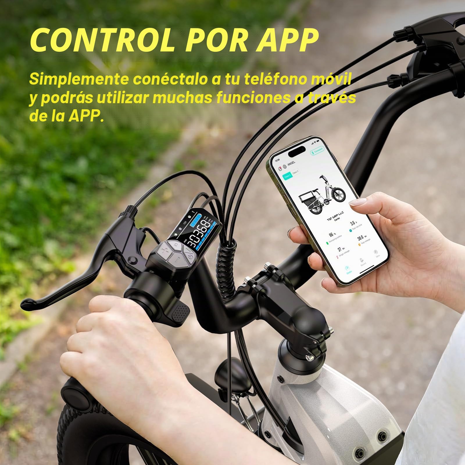 TST Bicicleta Eléctrica para Adultos con Asiento Trasero y Control por App, Bicicleta Cargo 20" Llantas Fat Batería 48V 15Ah 250W Autonomía 60KM Carga 204kg, Portaequipajes, Suspensión, Cuadro Bajo