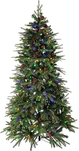 Miniatura 11 de Glitzhome Árbol de Navidad artificial de abeto verde preiluminado de 7 pies con soporte de metal de fácil montaje, 9 árboles de Navidad artificiales