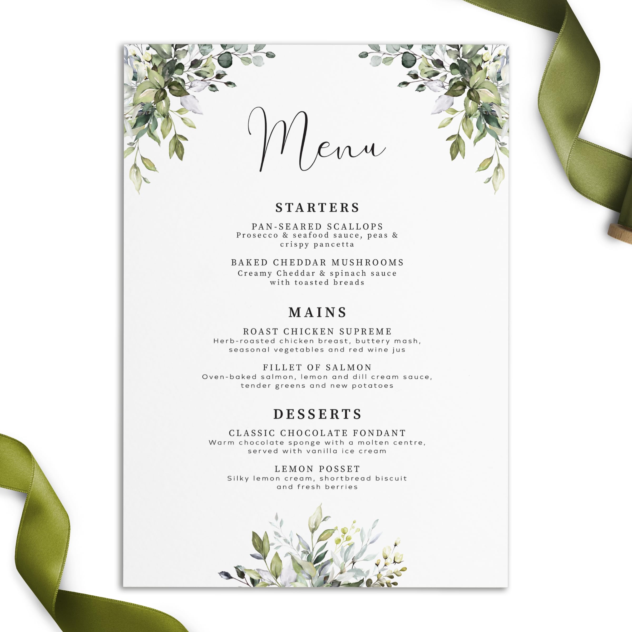 Personalised Eucalyptus Wedding Stationery Suite – 5x7 or A6 Wedding Invitations, RSVP, Details & Menu Cards. (Menu Card, A6)