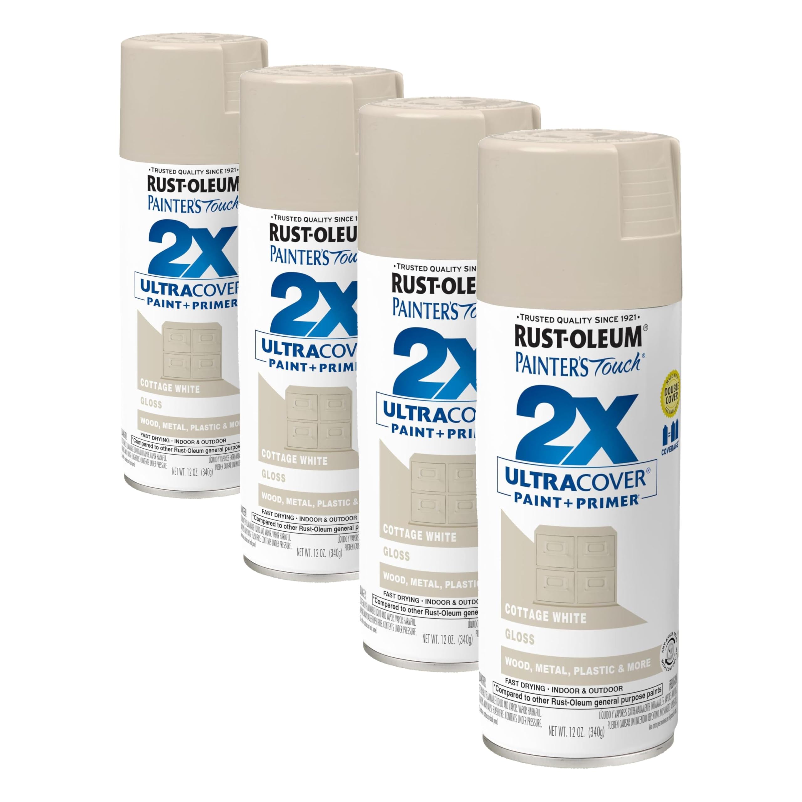 Rust-Oleum 334040 Painter's Touch 2X Ultra Cover Spray Paint, 12 oz, Gloss Cottage White (Pack of 4)