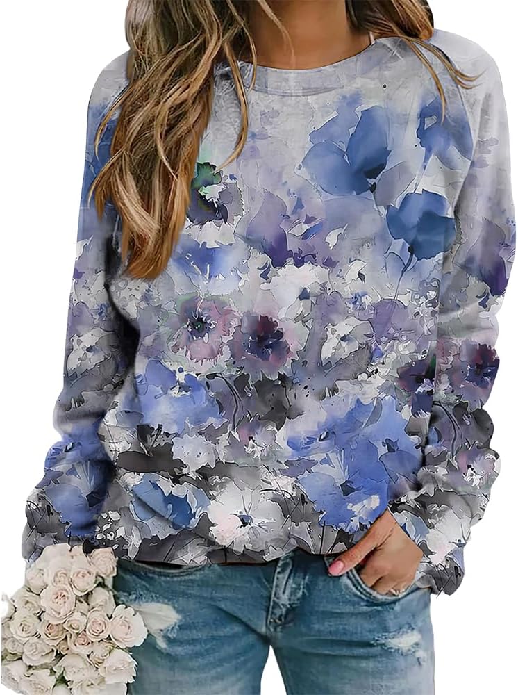 Akivide Women's Long Sleeve Flower and Landscape Print Sweatshirt Casual Fall Loose Crewneck Pullover Tops