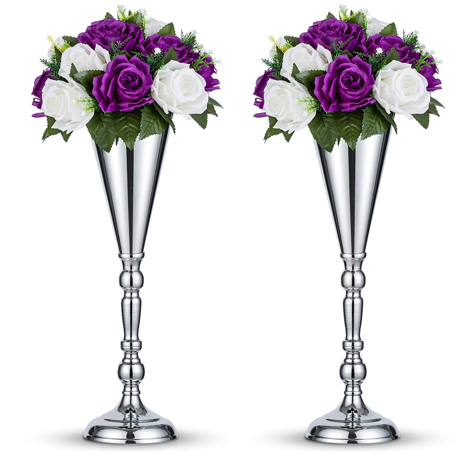 Photo 1 of 2 Pcs Tabletop Silver Metal Wedding Flower Trumpet Vase, 16.5 inch Table Decorative Centerpiece Artificial Flower Arrangements for Anniversary Ceremony Party Birthday Event Aisle Home Decoration