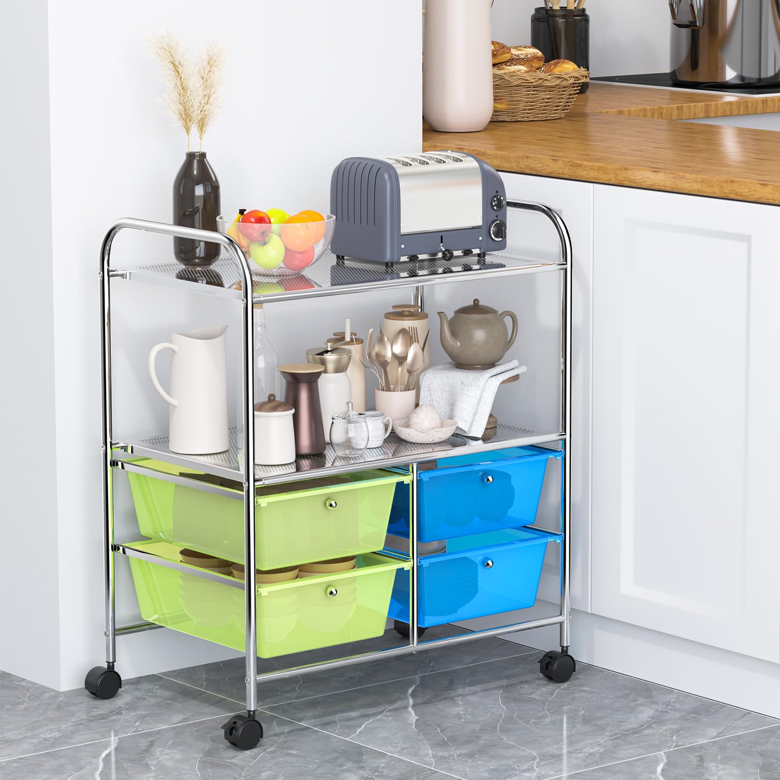 GIANTEX Carro con 4 cajones apilable, con 2 estantes y estructura de metal, carrito de baño con ruedas bloqueables, 63,5 x 37 x 75 cm