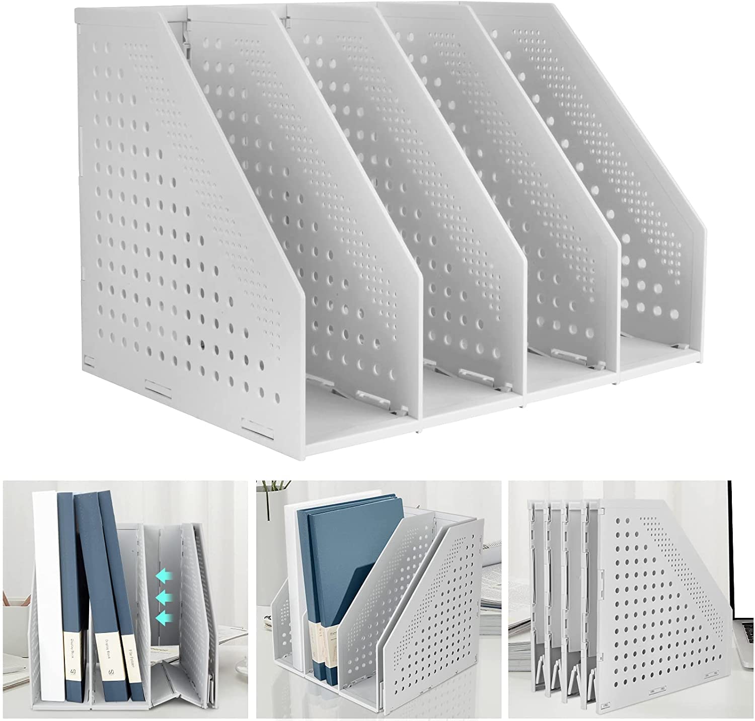 Panavage | 4-Tier Foldable Desktop File Organiser & Document Storage Box - Large Capacity 4-Grid Book Holder, Stationery & A4 Paper Shelf, Sturdy PP Plastic Desk Tidy for Home Office & School (White) โ image 1