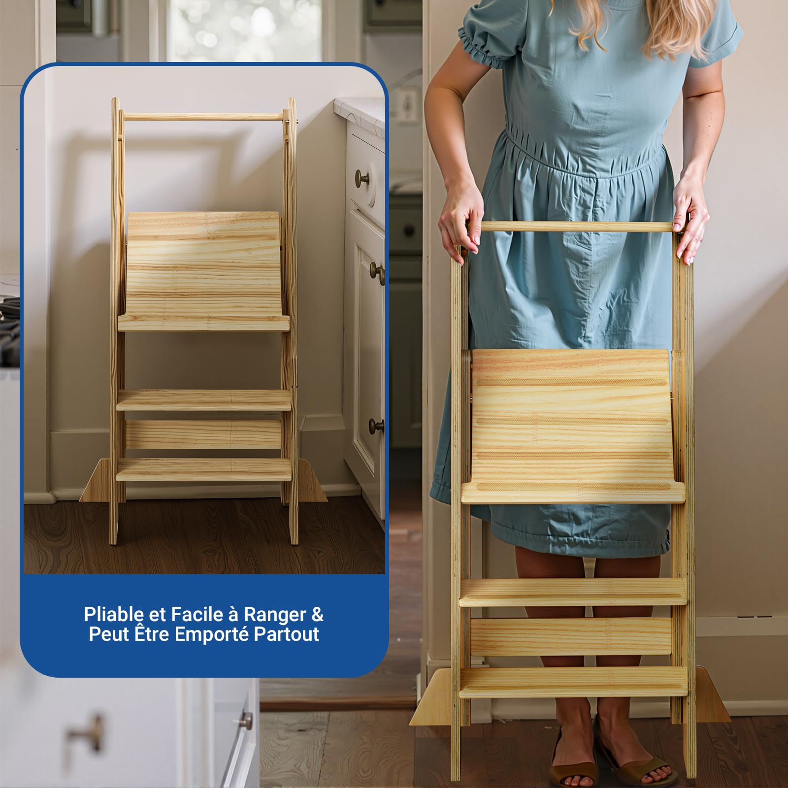 COSYLAND Tour d'Observation Montessori Enfant Pliable – If Design Award, Tour d'Apprentissage en Bois Réglable en Hauteur dès 1 an avec Filet de Sécurité, Kitchen Helper Bébé – Slate Blue & Naturel