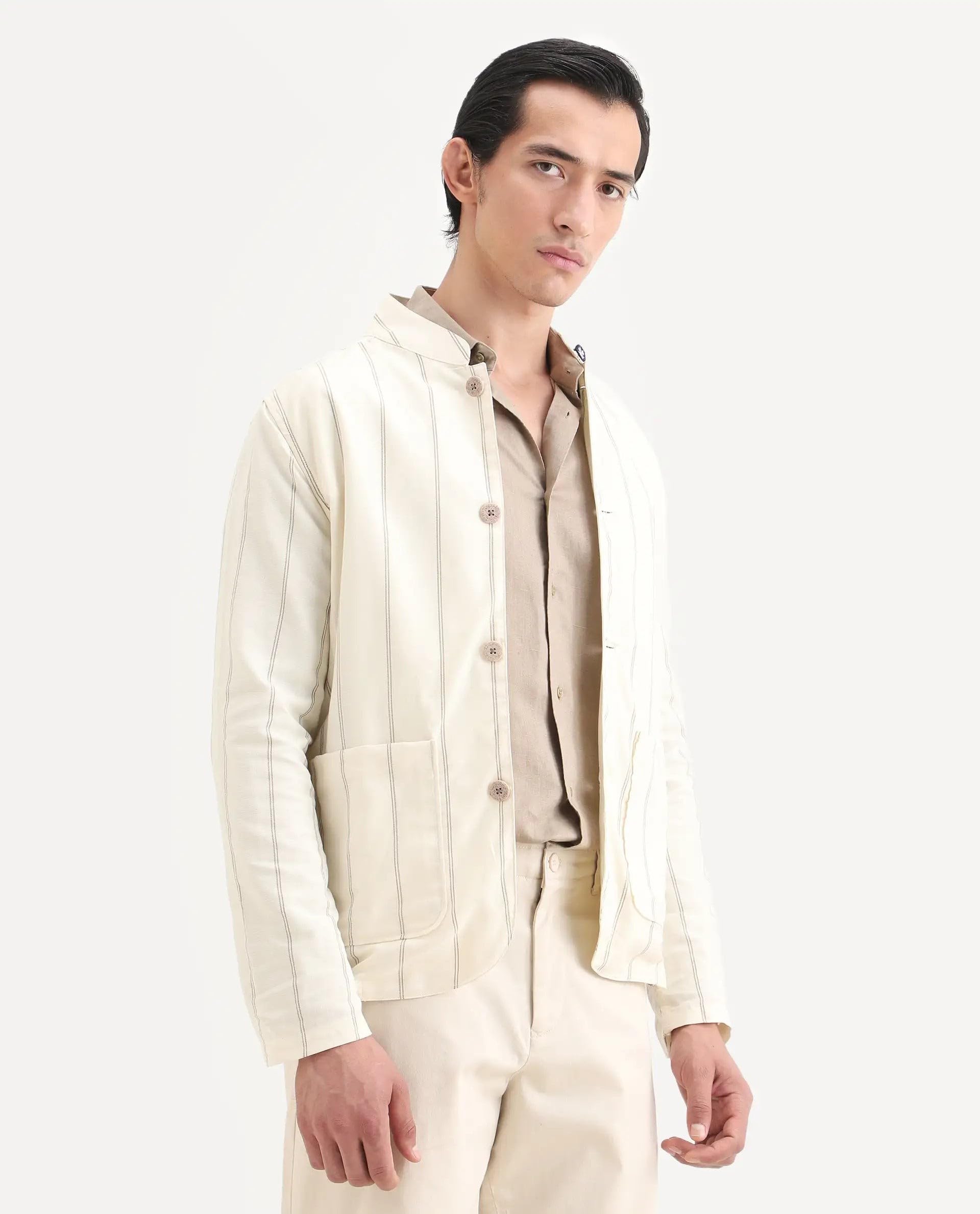 Rare Rabbit Men's Ray Off White Cotton Striped Print Relaxed Fit Full Sleeve Mandarin Collar Jacket 4