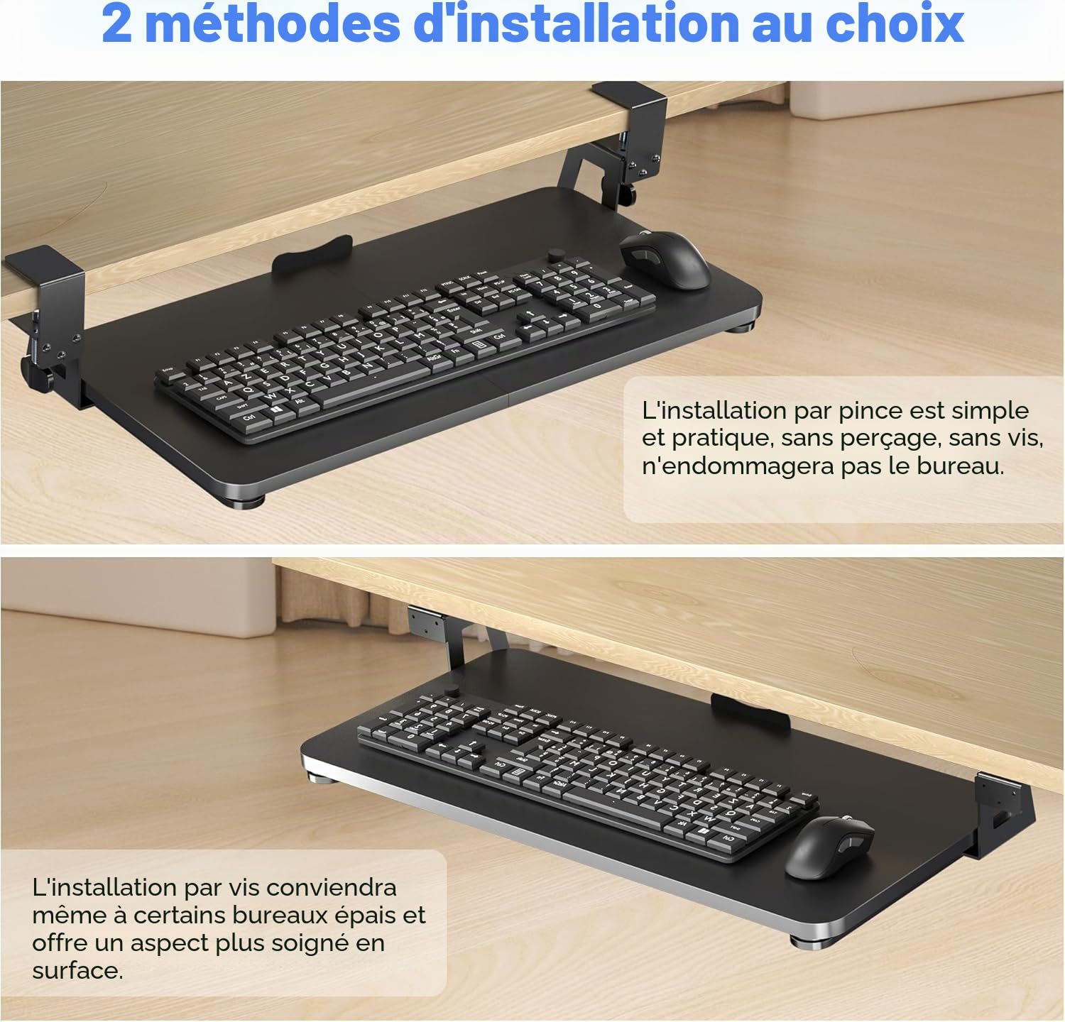 XINLEI Plateau de clavier sous le bureau - Grande pince en C - 65,5 cm (75,6 cm avec les pinces) x 31,1 cm Plateau coulissant pour clavier et souris DSF4 (75,6 cm)