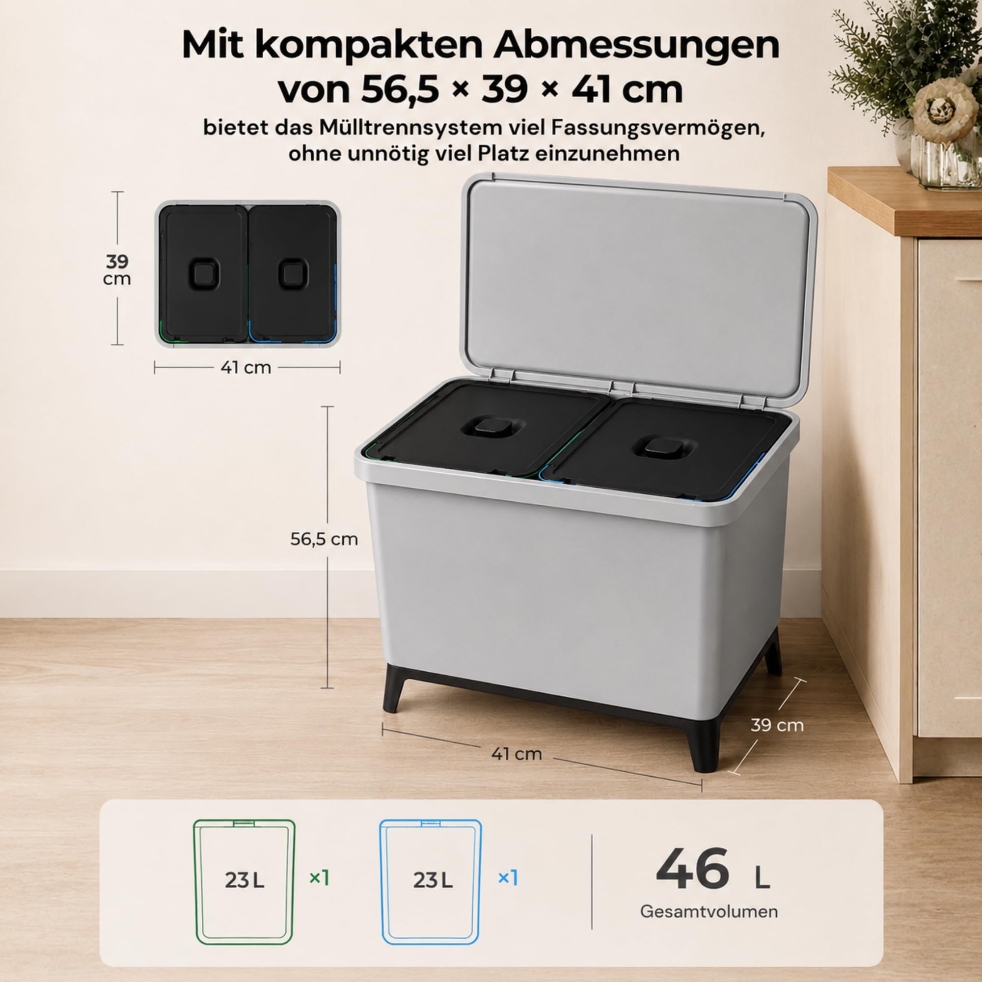 Stalco KEDEN SYSTEMA Mülltrennsystem 2-Fach, 46L: Abfalleimer 2x23L Recycling Mülleimer Mülltrenner Wandmontage Grau (2 Fach)