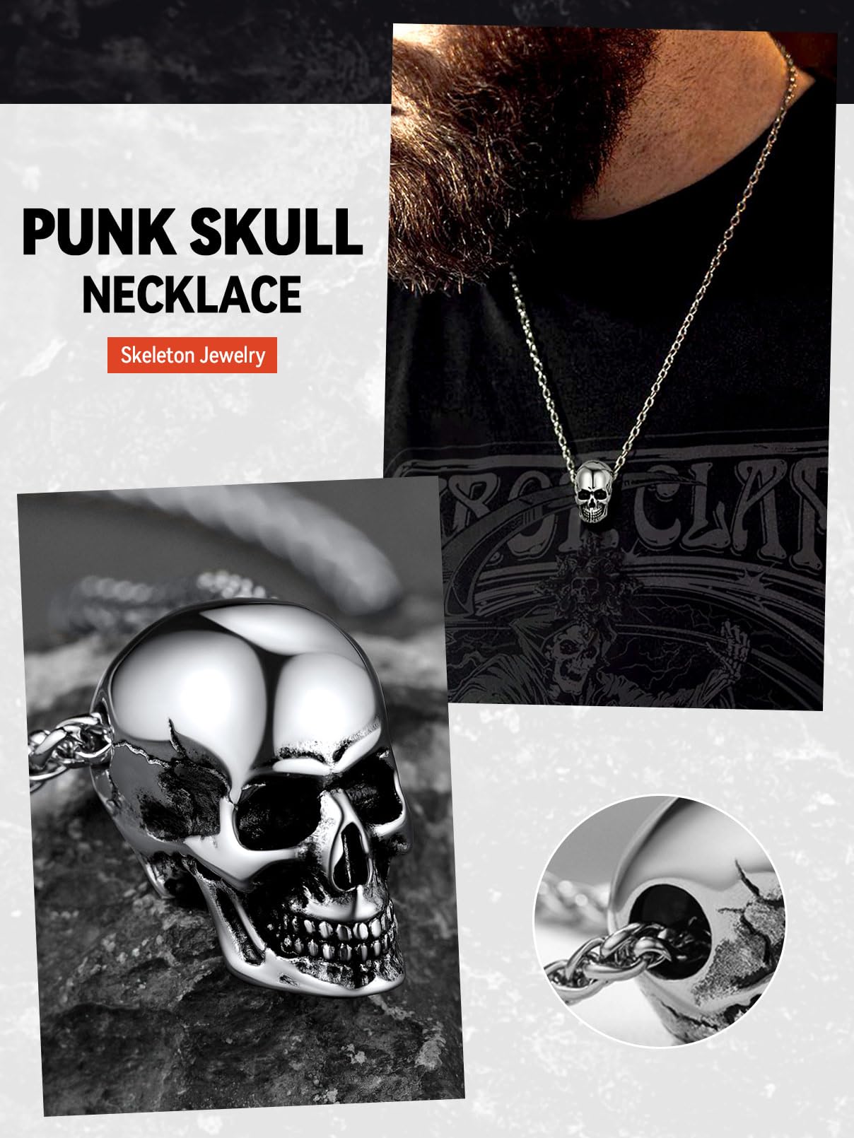 FaithHeart Collar Calavera Hombre Acero Inoxidable 316L Colgante Cráneo Esqueléto Collar Punk Halloween Colgante Gótico Joyería Cool Hombre