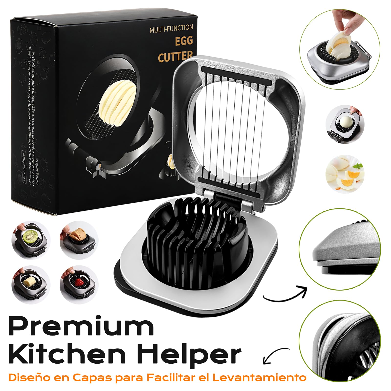 Cortador Huevos Duros Acero Inoxidable Aluminio, Corta Huevos Cocidos Profesional apto para Lavavajillas, Cortador de Huevo Cocidos de Velocidad para Tomates Mozzarella Kiwi Fresas, Egg Slicer