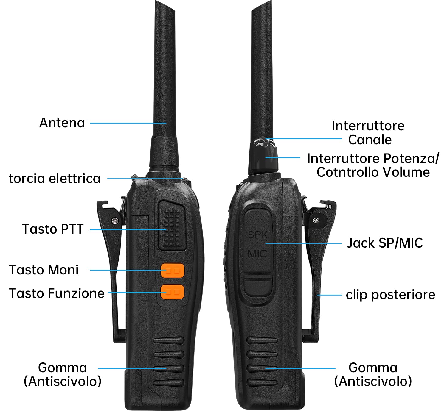 Baofeng Walkie Talkie PMR446 Senza Licenza, Antenna Non Rimovibile, 16 canali Walkie-talkie professionali ricaricabili a lungo raggio con base per caricabatterie USB e auricolari (2 pezzi)