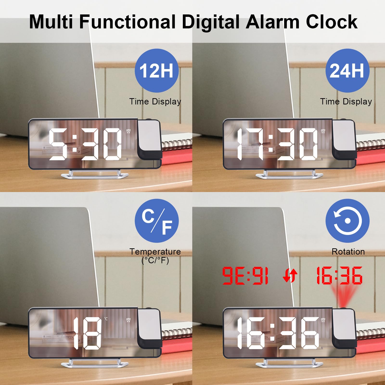 Cuteefun Projektionswecker, Projektion Uhr mit LED Bildschirm, Projektionsuhr mit Temperatur, Snooze, Einstellbare Helligkeit, 12/24H Anzeige, Wecker Digital mit Deckenprojektion, Weiße Ziffern