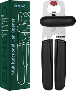 Beneno Heavy Duty Can Opener Manual with Magnet, Smooth Cutting Blade, Durable High Carbon Steel Hand Can Opener Manual with Easy to Turn Knob & Soft Grip Handles, Multifunctional Bottle Opener, Black