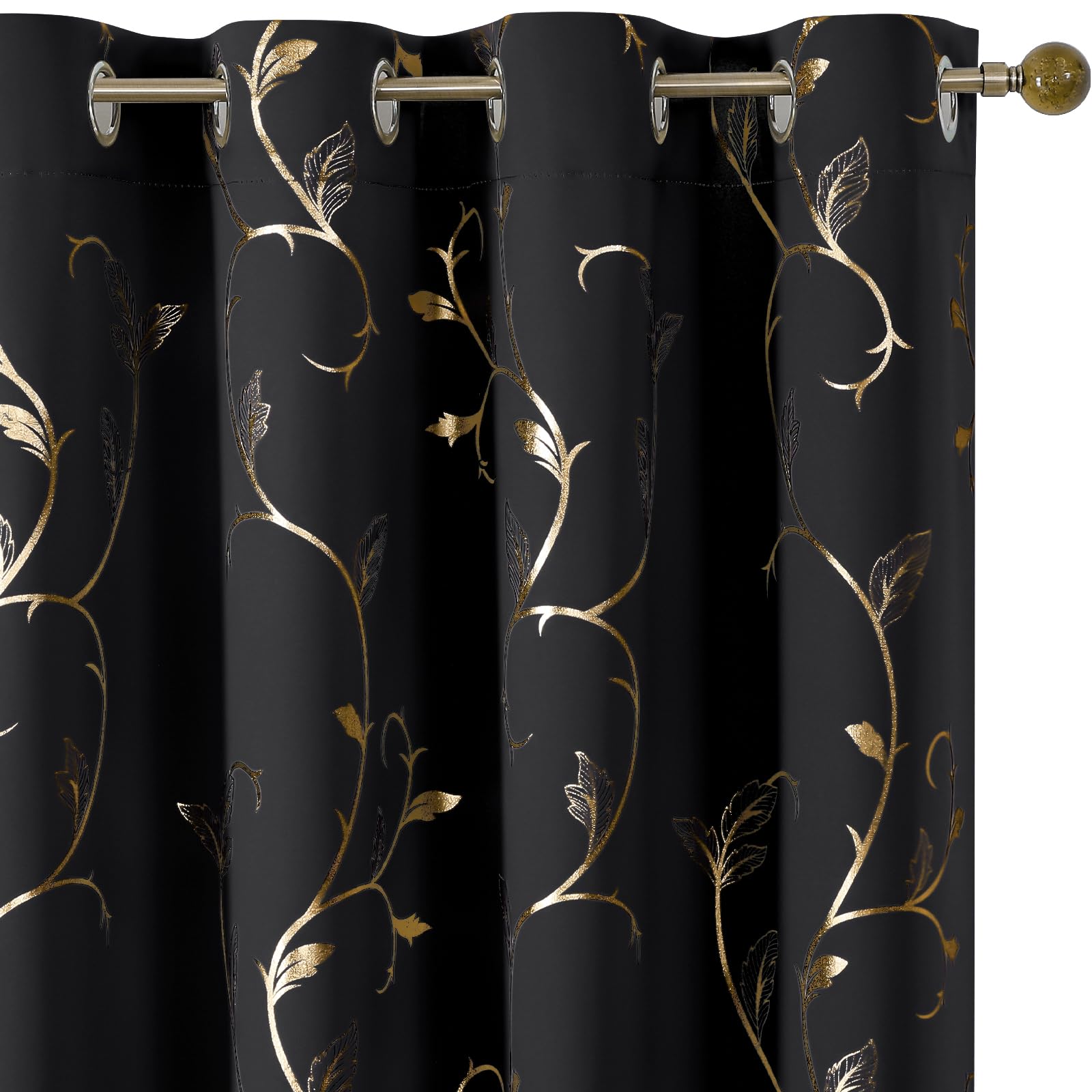BUHUA Blackout Curtains 108 Inch Length with Gold Vine Design, Room Darkening Drapes Noise Reducing Sliding Door Curtains Thermal Insulated for Living Room 2 Panels Set, 52W×108L — image 1
