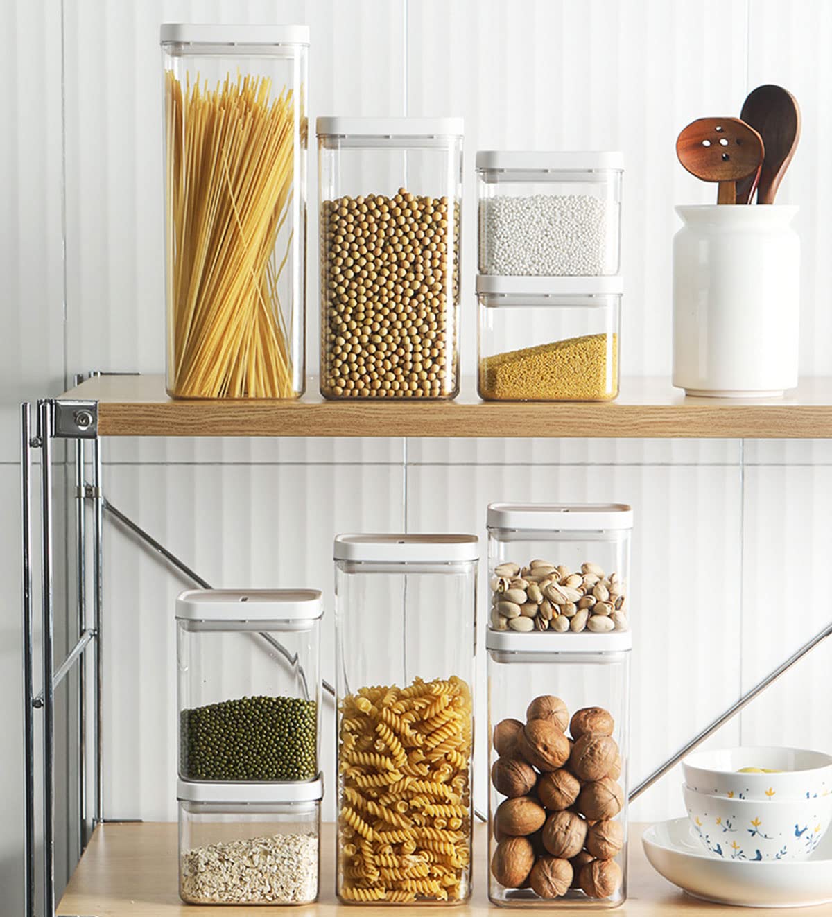 Almacenaje De Plástico De Alimentos Bote Sellados con Tapa Sin BPA Botes Cocina Almacenaje 4Pcs Recipientes De Almacenamiento para Pasta, Cereal, Copos De Maíz, Azúcar, Harina