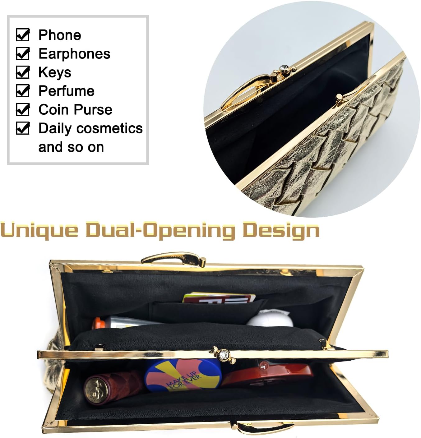 Formal Clutch Purse for Women Luxurious Checkered Evening Bag Dual Compartments with Long Chain Strap
