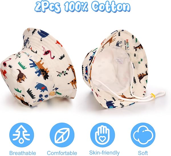 2 Pieces Toddler Sun Hat Kids Bucket Sun Hat Baby Cute Print Summer Hat with Adjustable Head Drawstring and Chin Strap Outdoor Kids Summer Protection Bucket Hats - 2