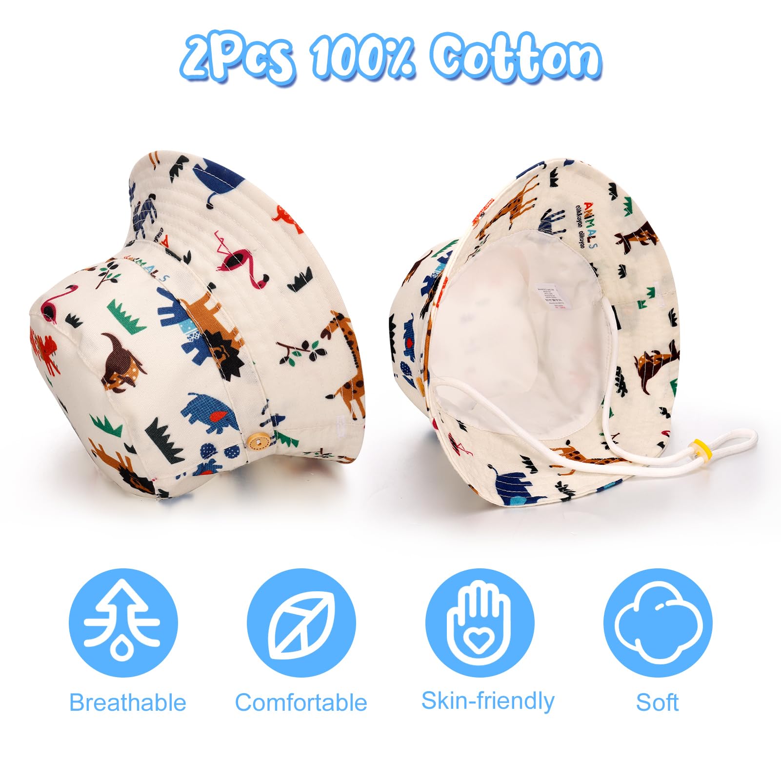 2 Pieces Toddler Sun Hat Kids Bucket Sun Hat Baby Cute Print Summer Hat with Adjustable Head Drawstring and Chin Strap Outdoor Kids Summer Protection Bucket Hats — view 2