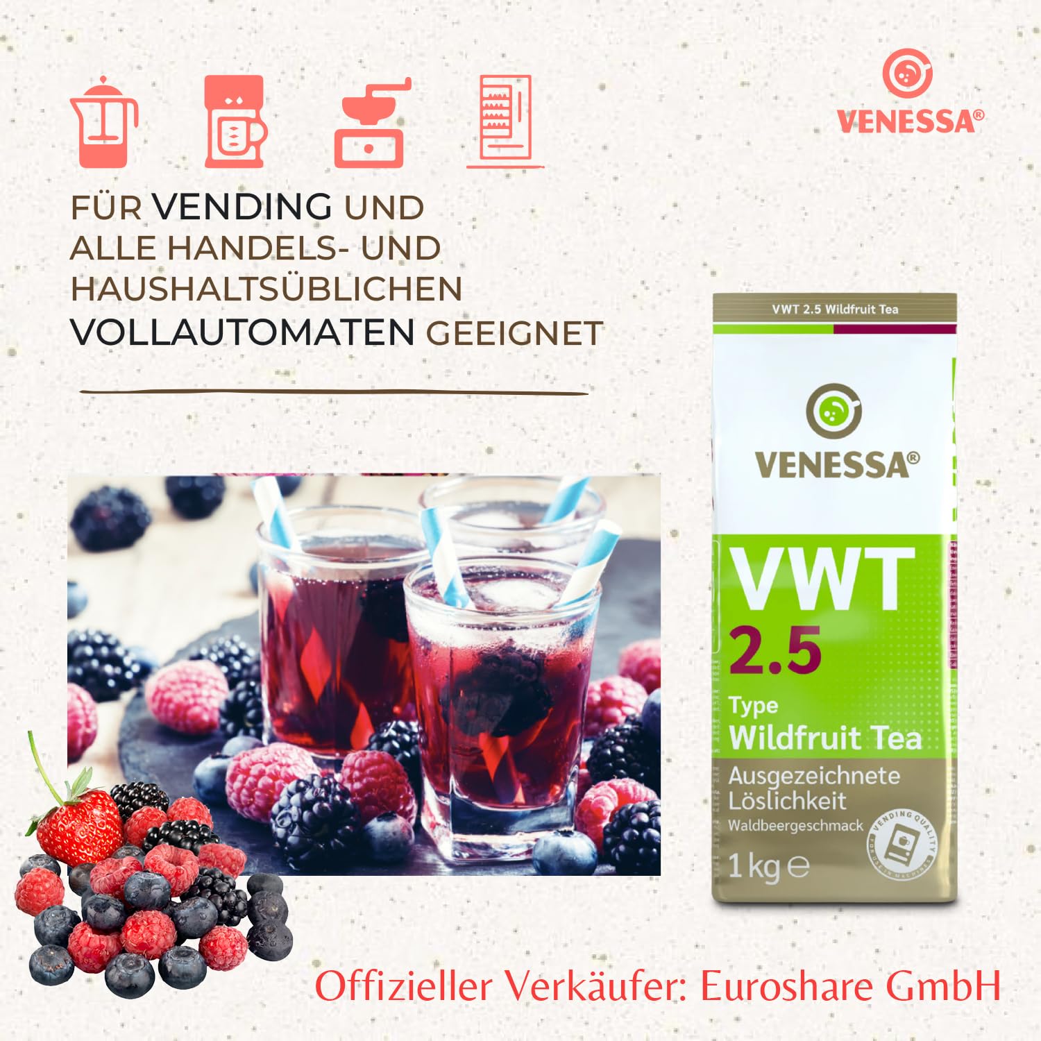 VENESSA VWT 2,5 napój herbaciany z dzikich owoców, 20 x 1 kg, aromatyzowana czarna herbata z kwaśną i słodką nutą dzikich owoców, do automatów