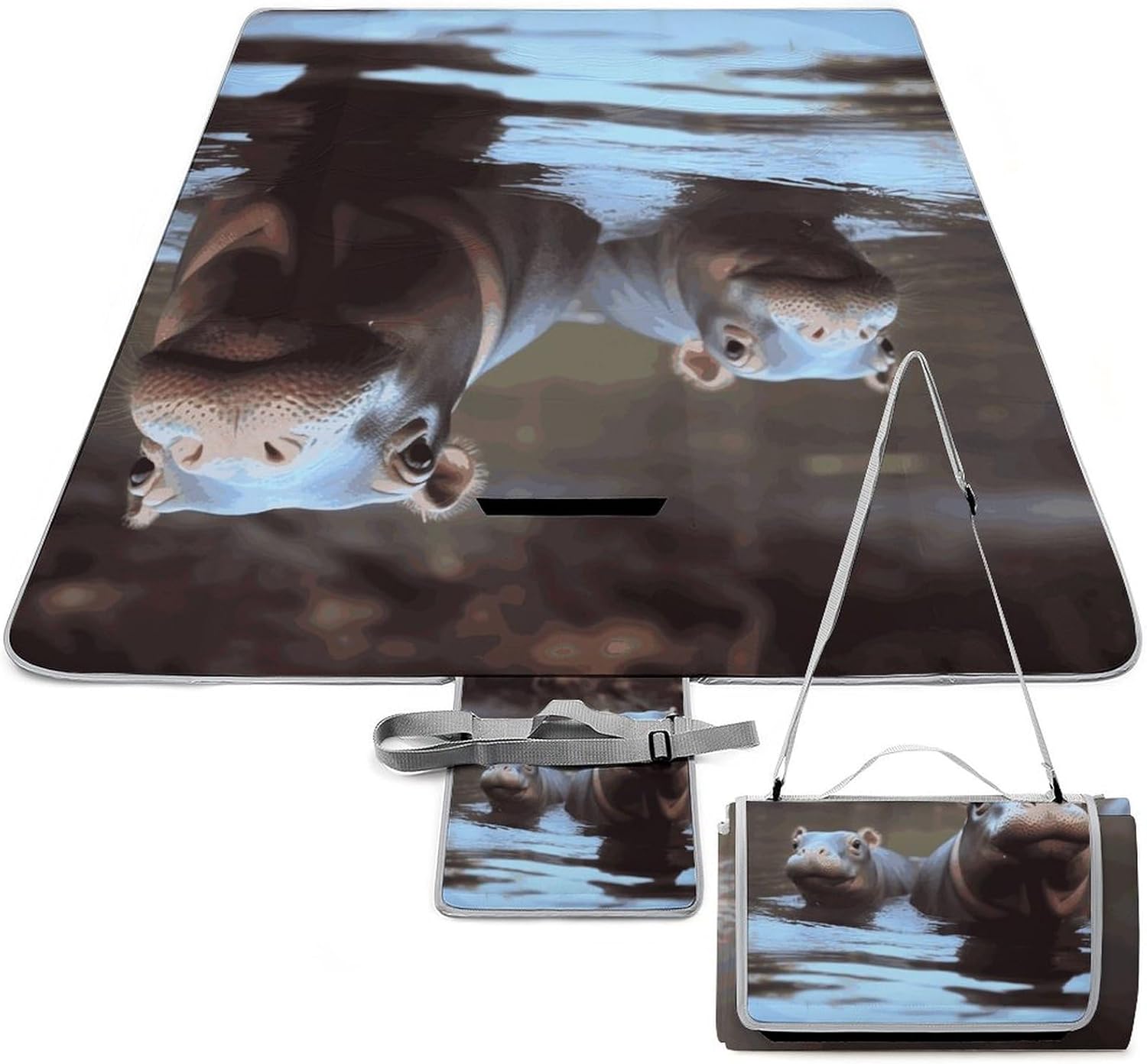 Baby Hippos Waterproof Picnic Blanket 58.3''x58.3'',Portable and Foldable Picnic Mat with Handle,Outdoor Blankets for Lawn Park Beach Travel