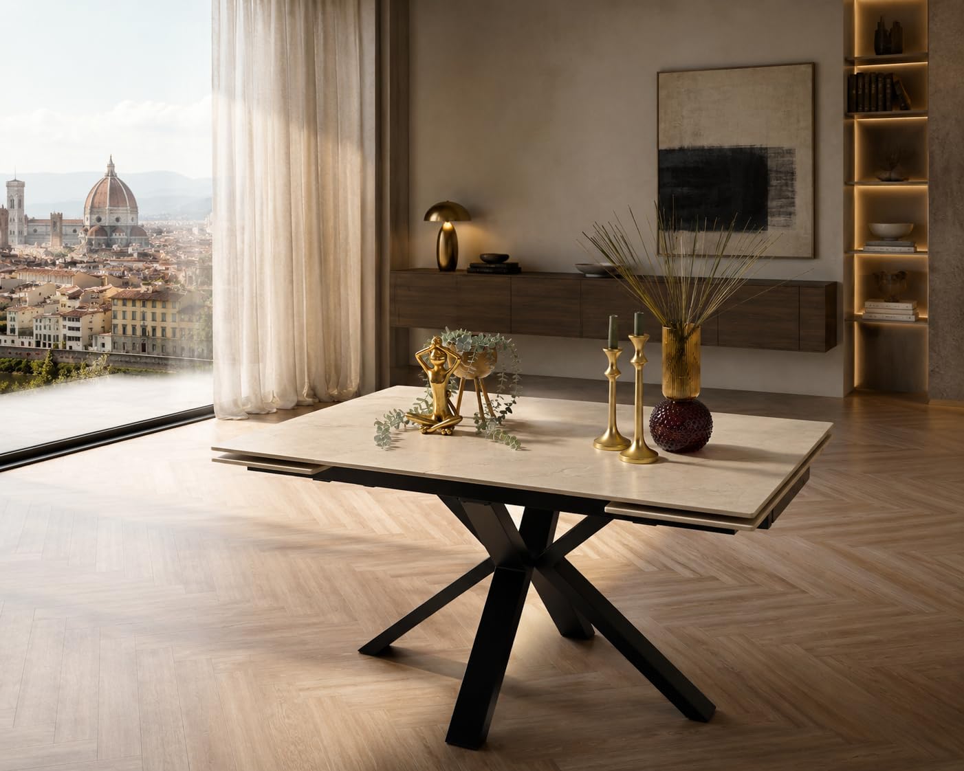 Homely® | Mesa de Comedor Extensible Marble con Tapa Porcelánica 120-180x80 cm | Acabado Efecto Mármol Boticcino Beige | Patas Metálicas Negras | Mesa Cocina, Comedor Moderna