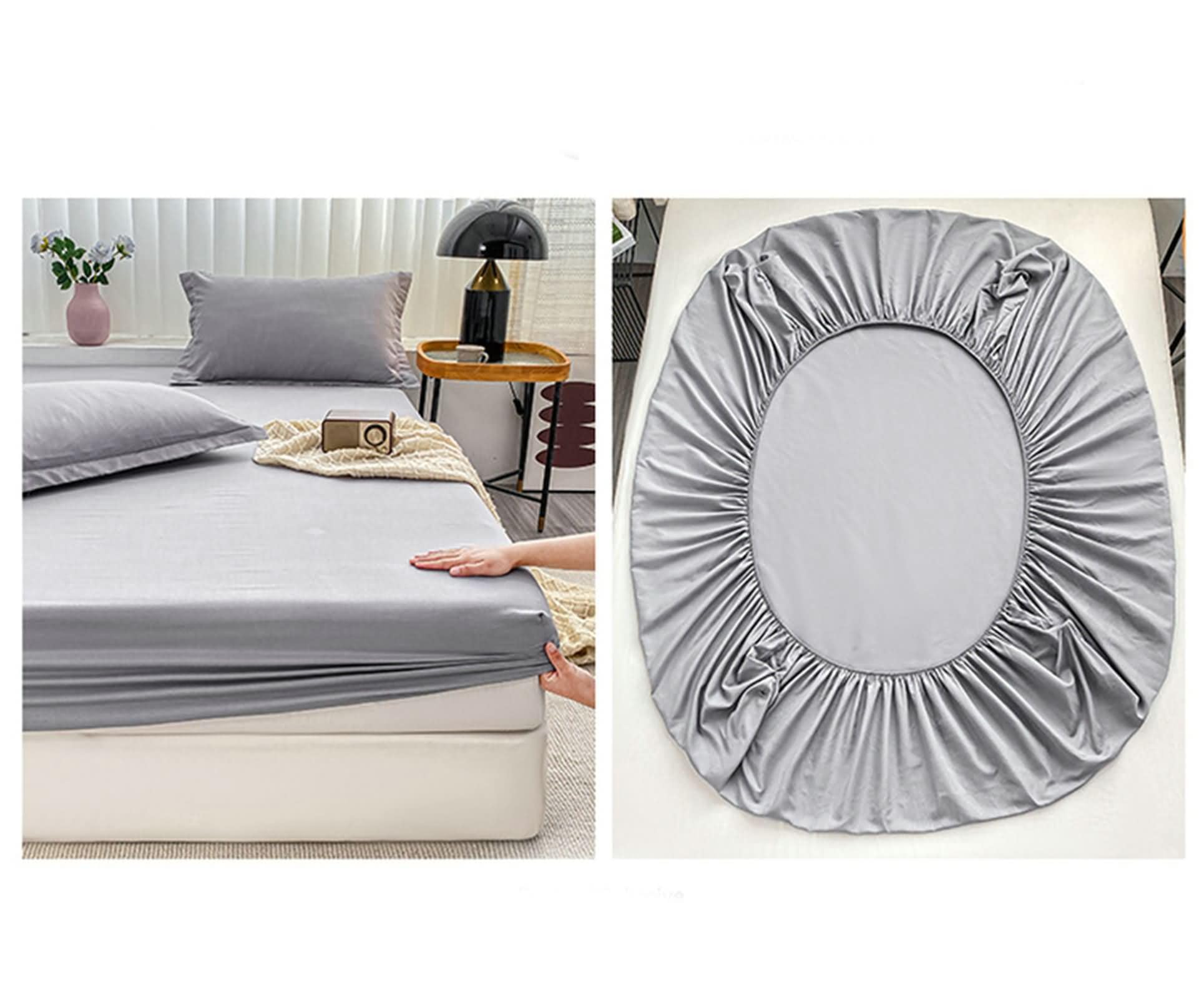 3-częściowy zestaw pościeli z gumką na łóżko king-size, poliester z gumką, jednolity kolor, 178 x 198 x 18 cm + 2 poszewki na poduszki, jasnoszary