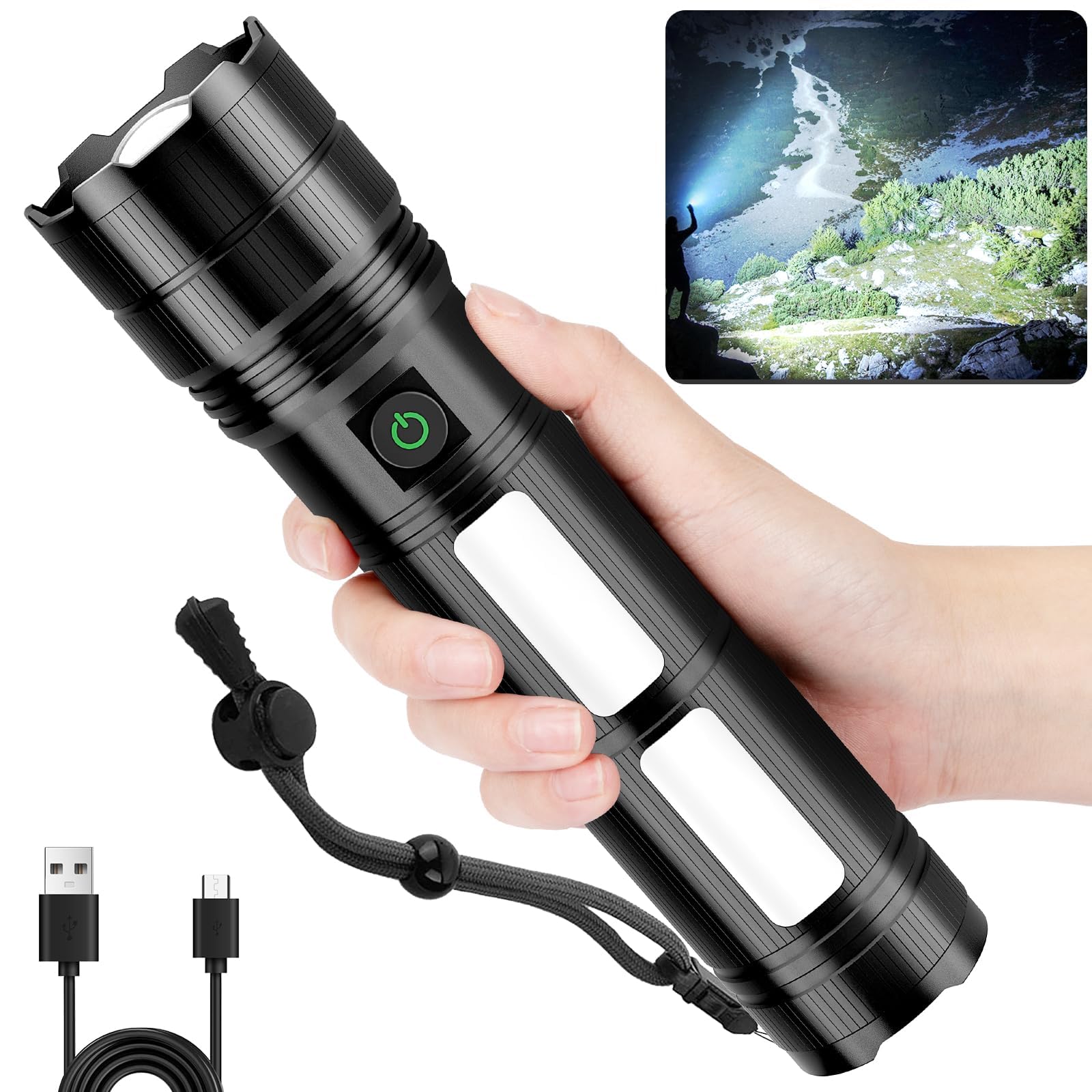 KINGCAESAR Rechargeable Flashlights 3000 High Lumens, Super Bright Flash Light with 2 Cob Light, High Powered LED Flashlights with 4 Modes, 7200 ɱAh &