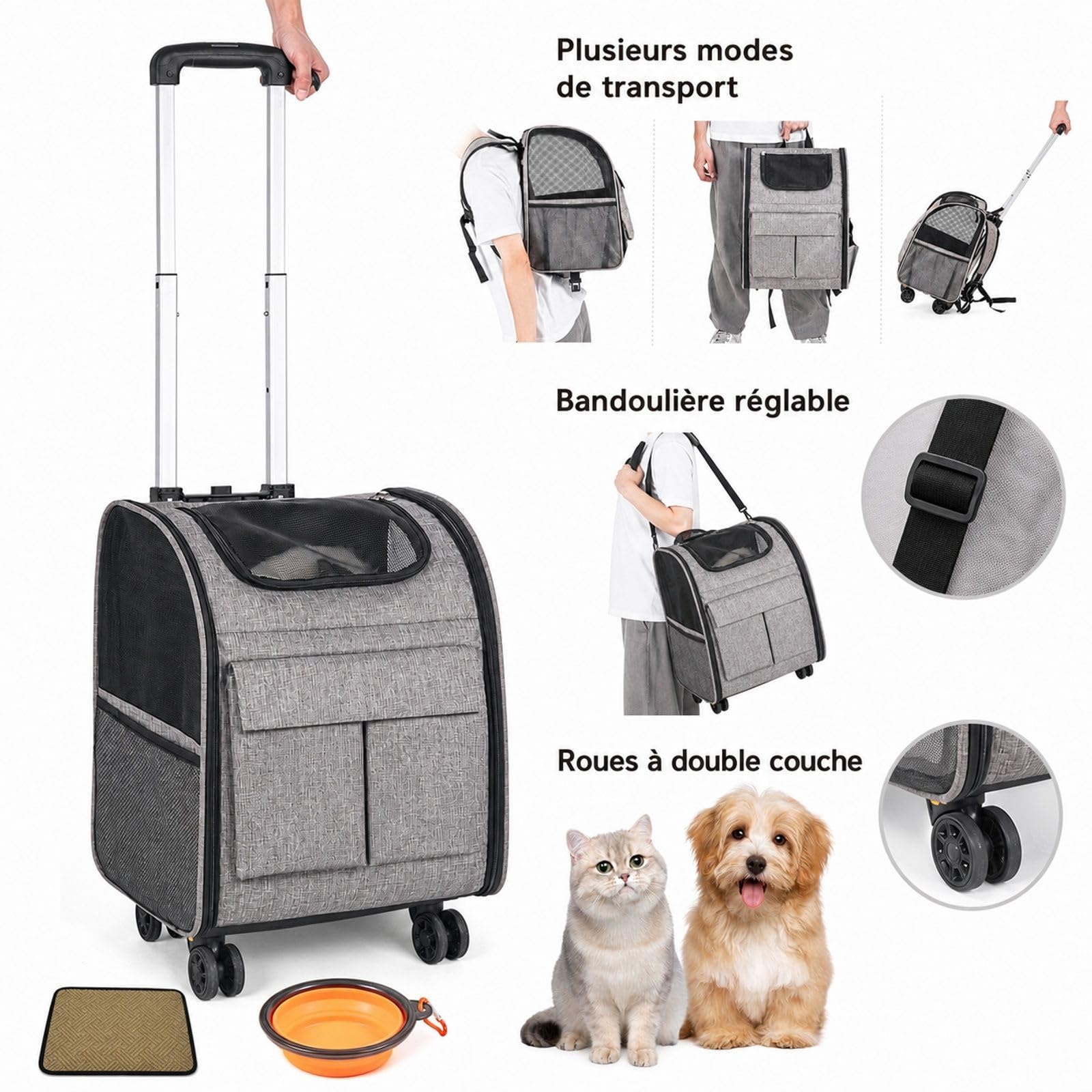 Sac de Transport à roulettes pour Chat et Chien jusqu'à 8,1 kg, Gris, avec poignée télescopique, bandoulière et gamelle Pliable