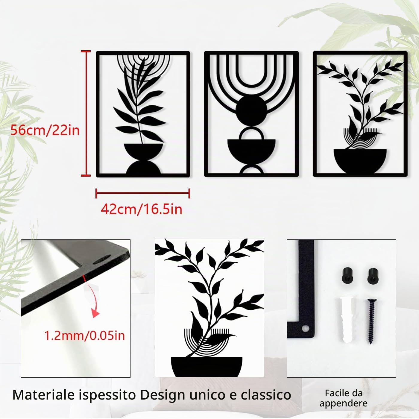 Pduoduo 3 Pannelli Arte da Parete in Metallo Stile Boho, Arte da Parete Geometrica Minimalista Astratta, Scultura in Metallo Nero per Soggiorno, Camera da Letto (56 * 42 cm)