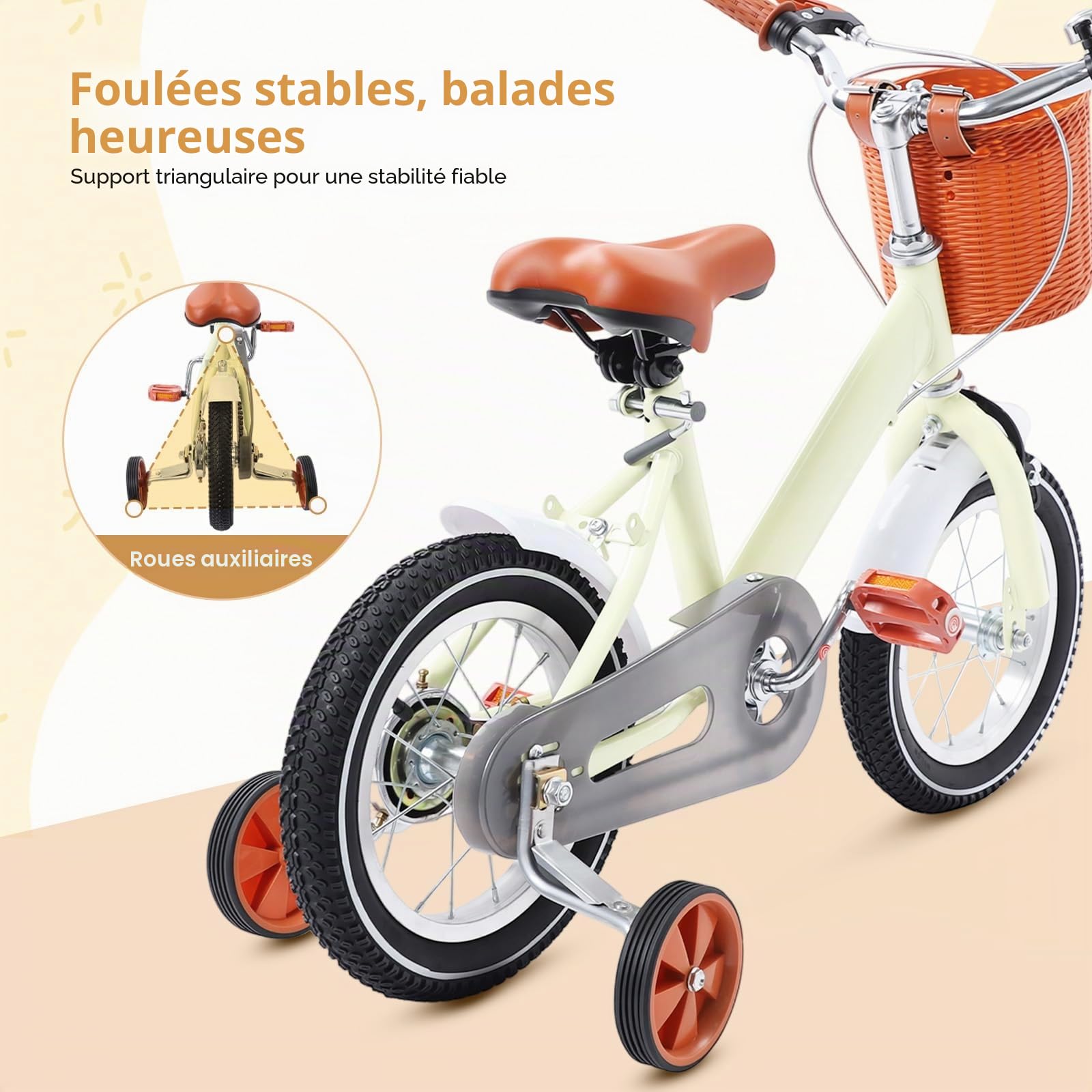 Vélo enfant 12 pouces avec panier avant roues stabilisatrices 2-4 ans hauteur réglable 60-70 cm