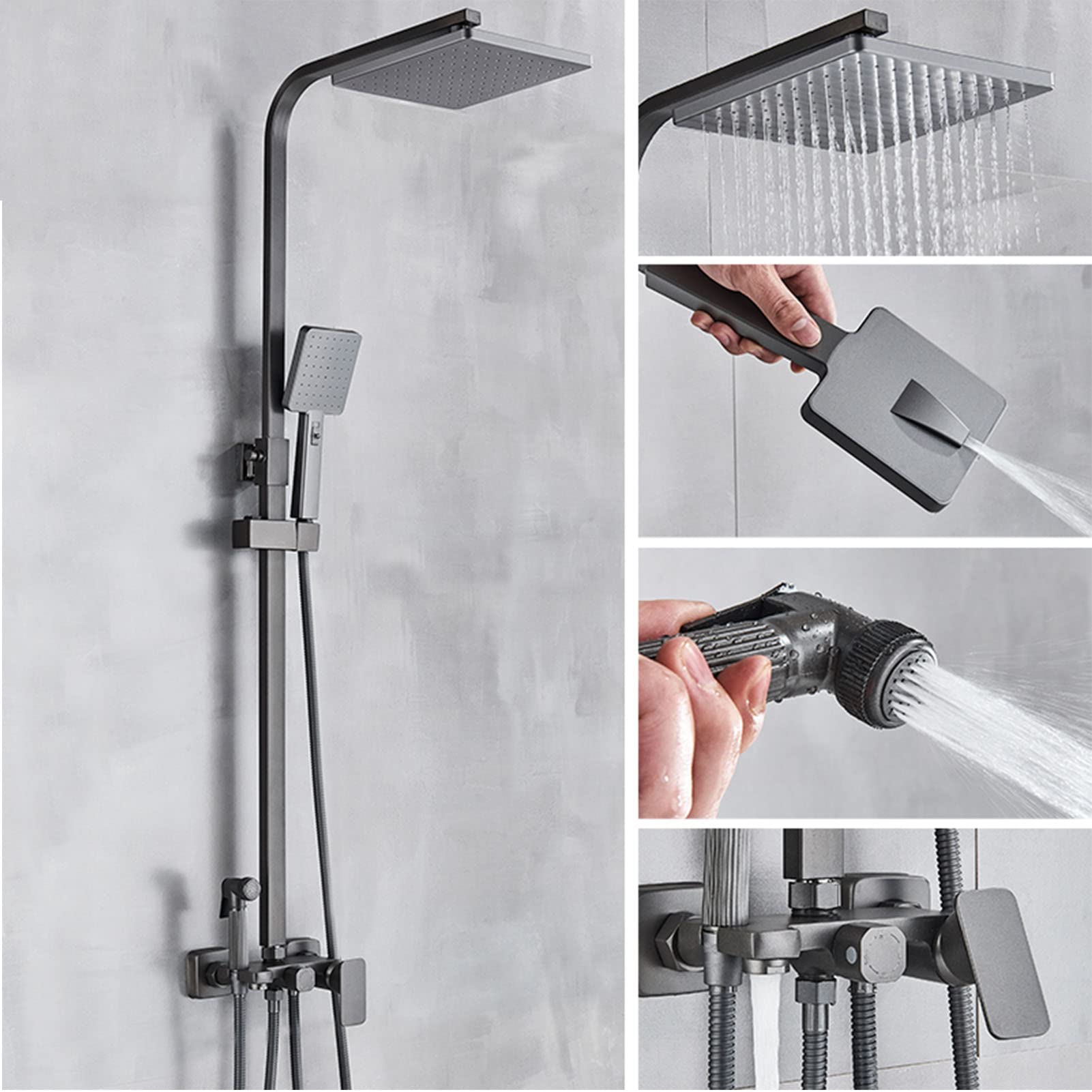Set di rubinetti per Doccia a Vista, rubinetti per Bagno a Parete, Sistema Doccia con soffione a Pioggia e doccetta per Bidet in Ottone, Miscelatore per Vasca da Bagno, Grigio,
