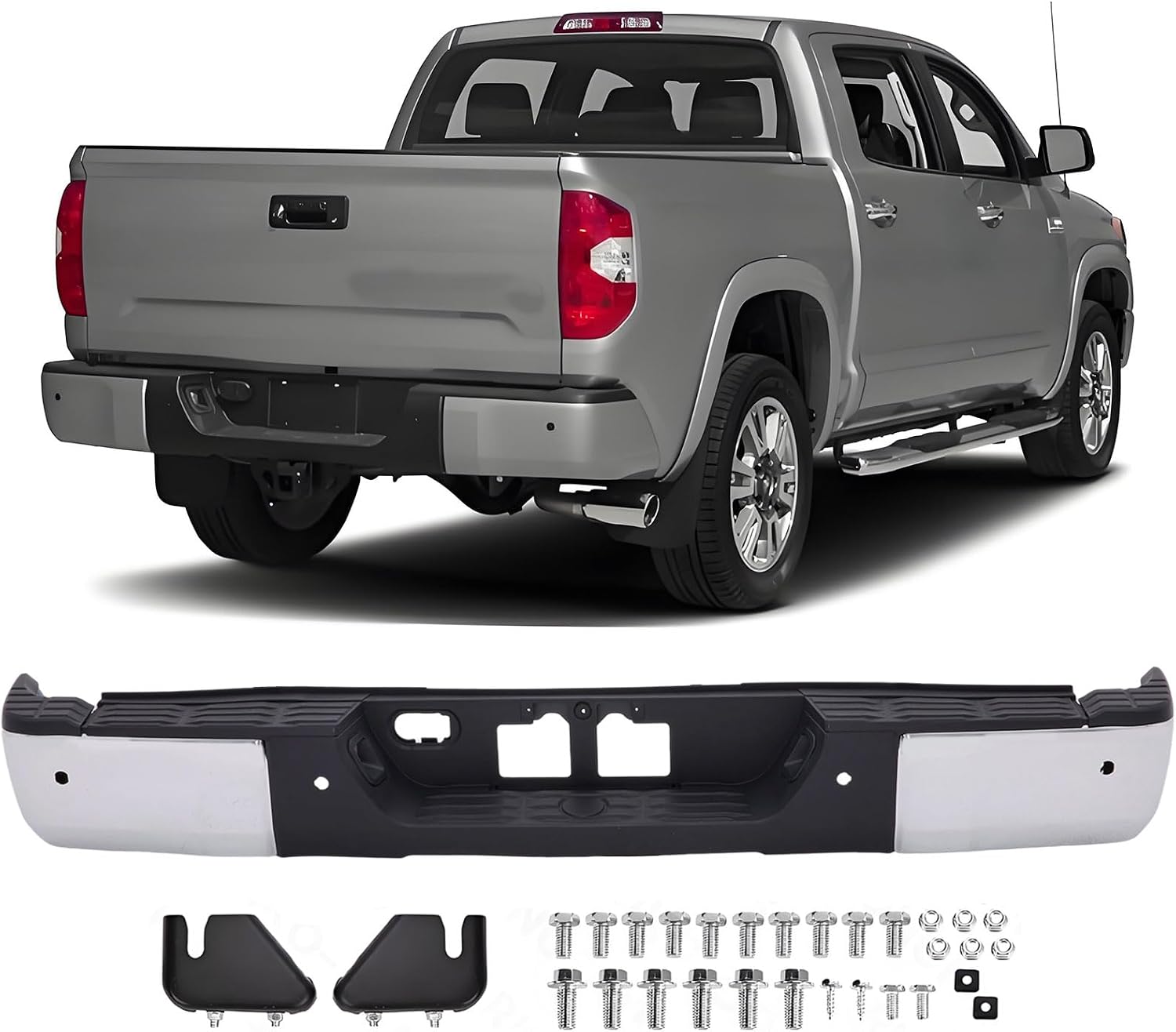 Rear Step Bumper Assembly Compatible with 2014 2015 2016 2017 2018 2019 2020 2021 Toyota Tundra with Park Sensor Holes Chrome Back Bumper Replacement for TO1103120