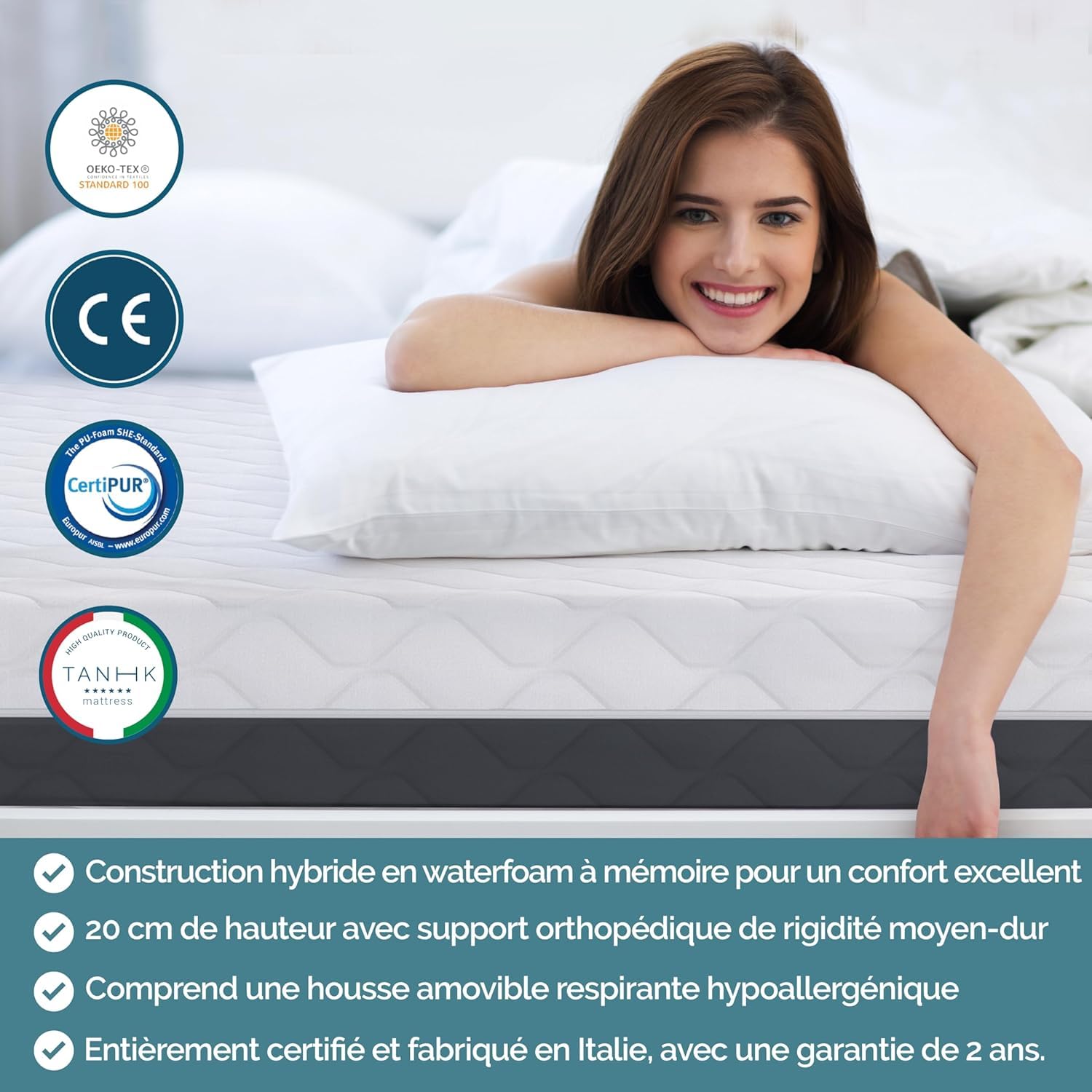 TANHK Matras van traagschuim, gemaakt in Italië, orthopedisch, gemiddelde hardheid, anti-drukpunten, hypoallergeen, antibacterieel en mijten, modugno, 160 x 200 cm