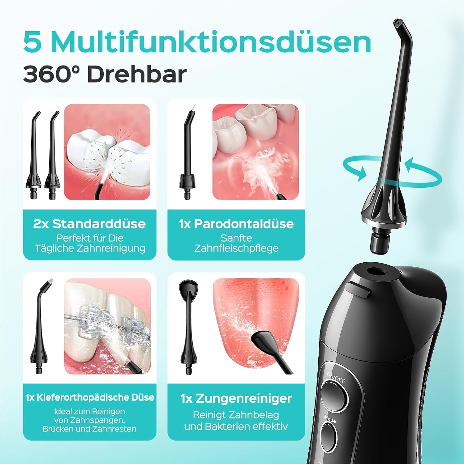 Oryzorm Proflow 2.0 Kabellose Munddusche Tiefenreinigung Für Optimale Mundhygiene, Ausgestattet Mit 4 Multifunktionsdüsen. (Schwarz)